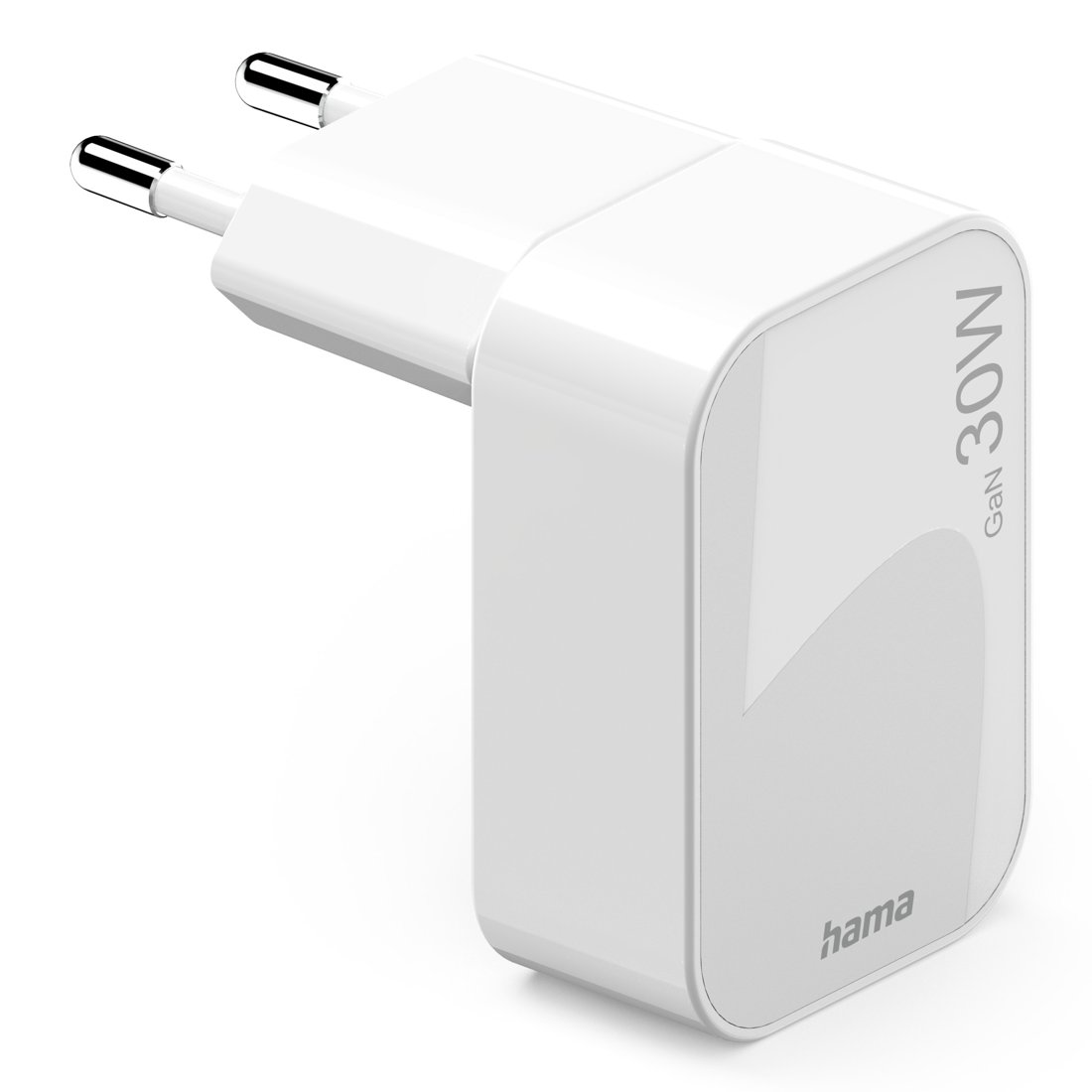 Un adattatore di alimentazione GaN bianco da 30W con due pin metallici rotondi.