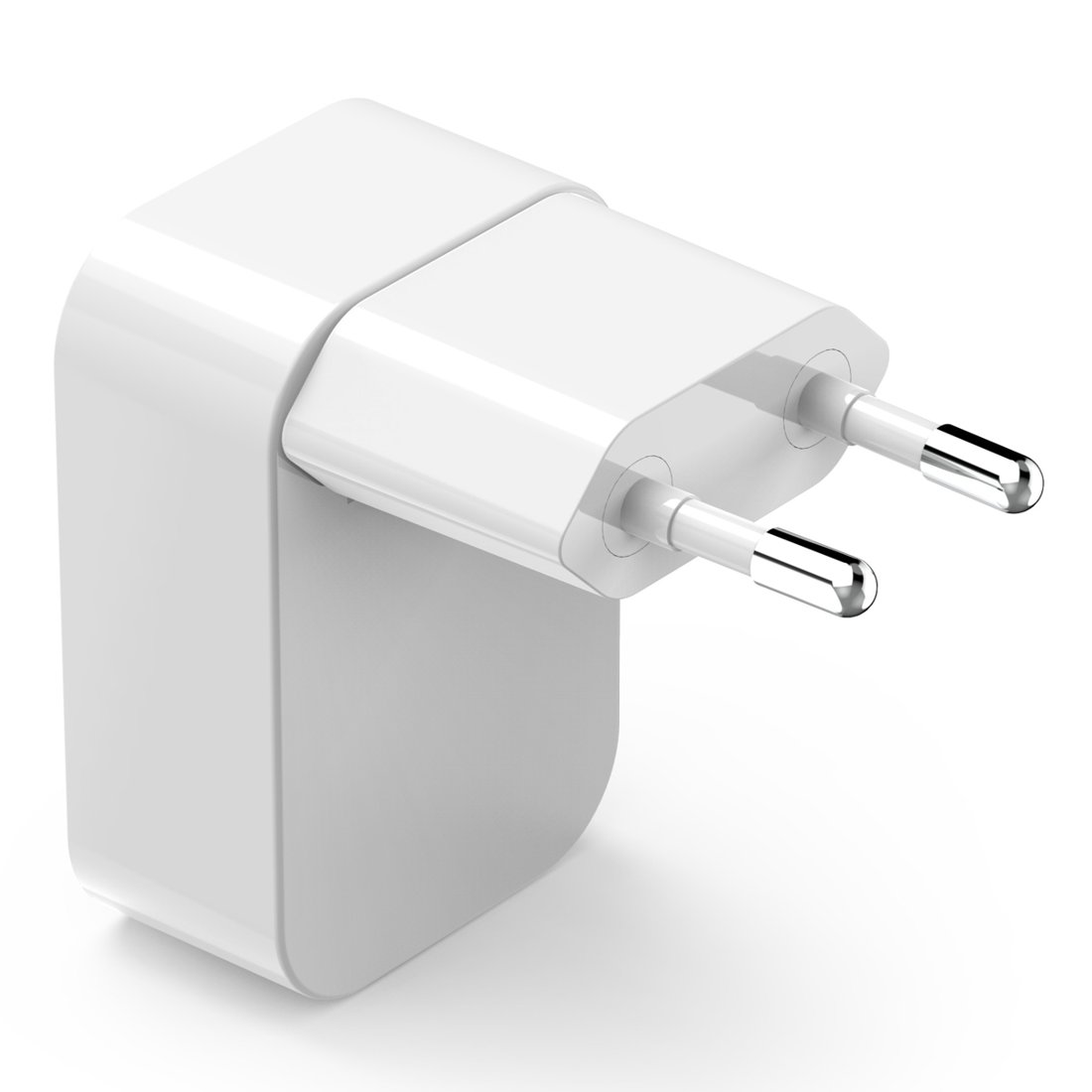 Un alimentatore bianco con due pin rotondi in metallo.