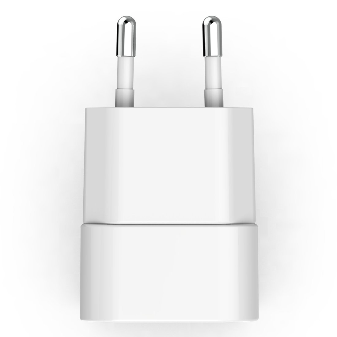 Un alimentatore bianco con due perni metallici rotondi in cima.