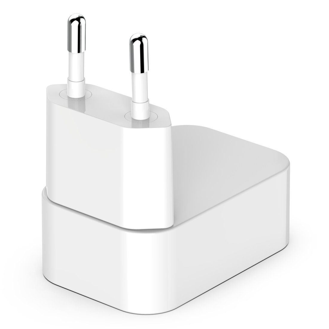 Un adattatore di corrente bianco con due pin rotondi, su sfondo bianco.