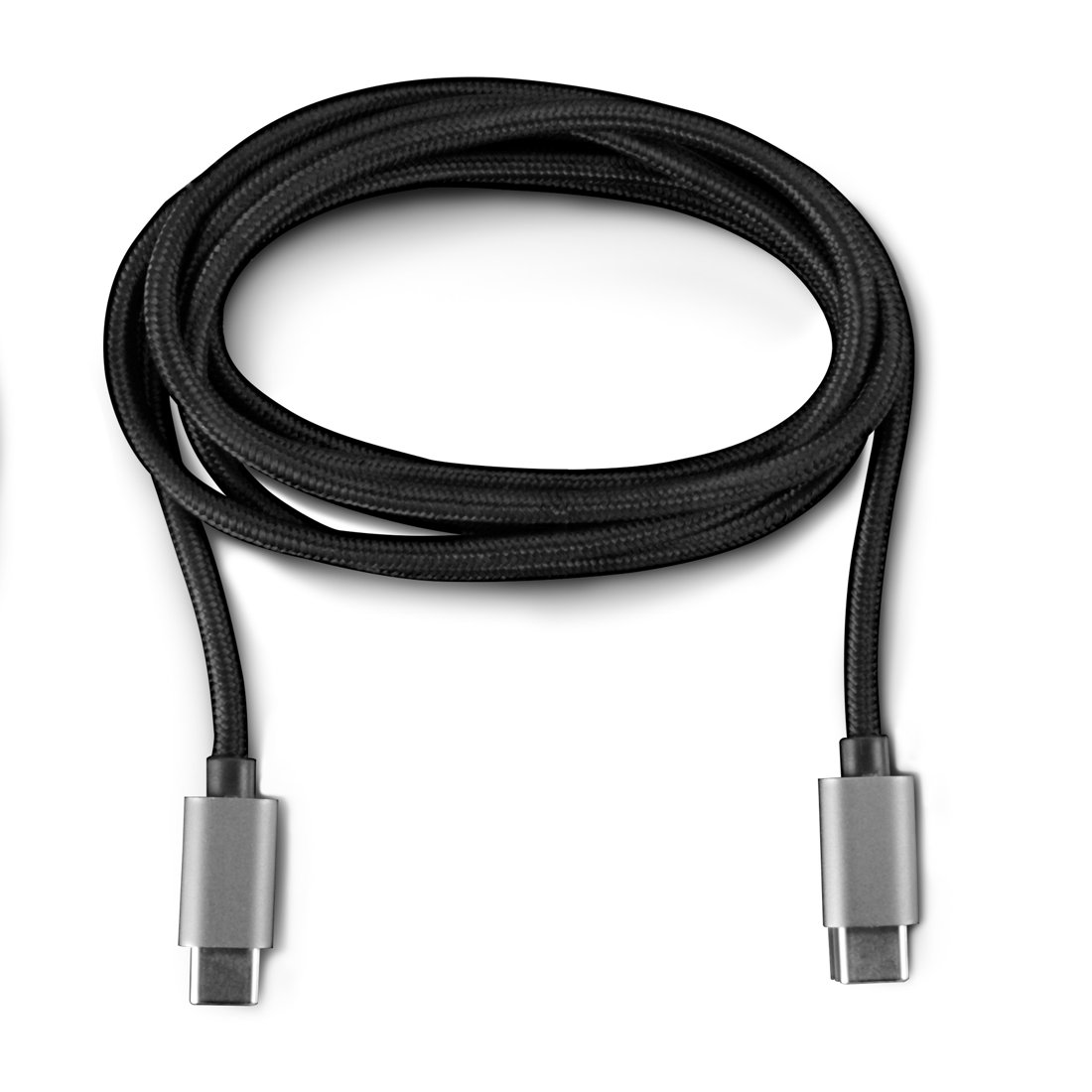 Un cavo USB-C nero con connettori grigi, su sfondo bianco.