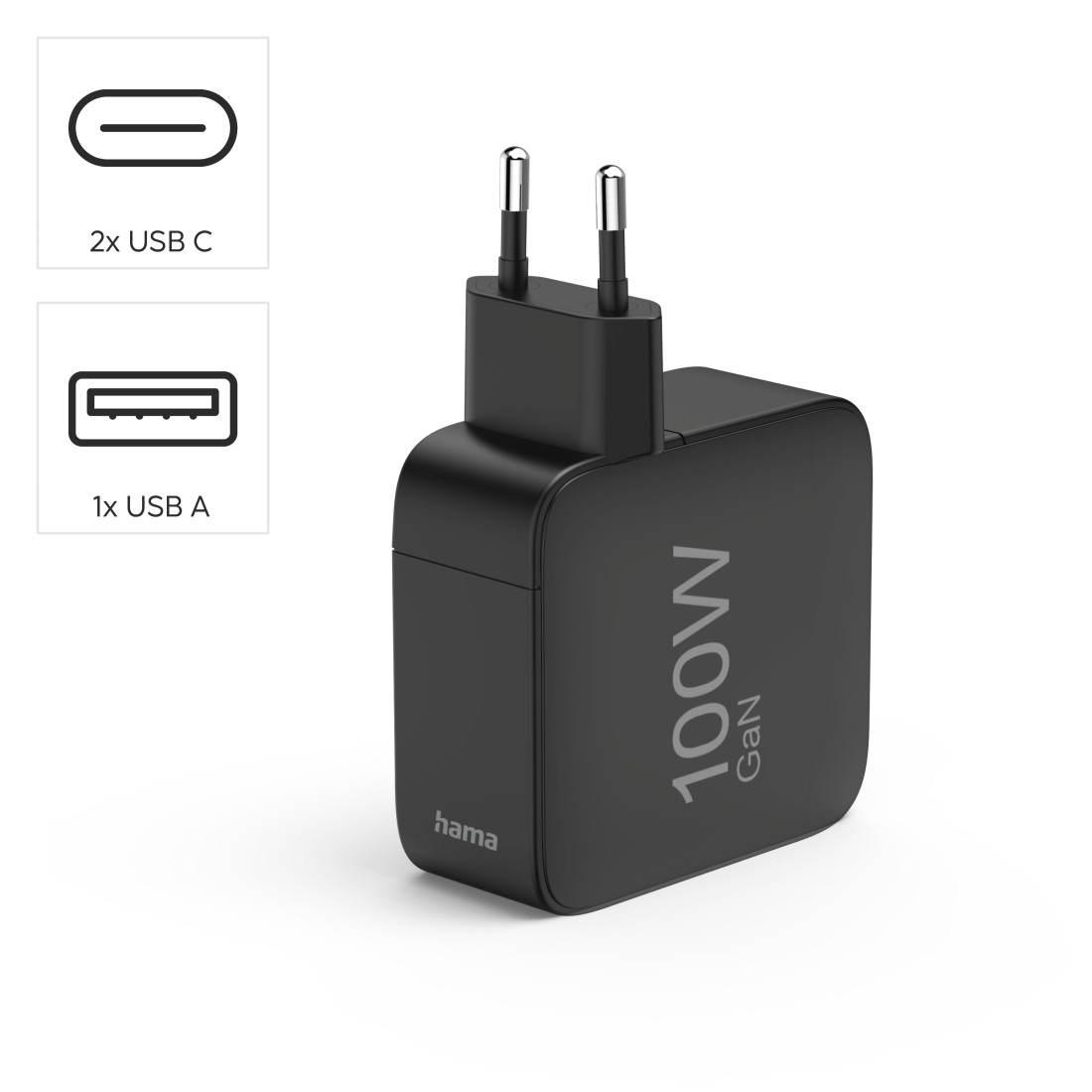 Schwarzes 100W GaN Hama Ladegerät mit 2x USB-C und 1x USB-A Anschlüssen.