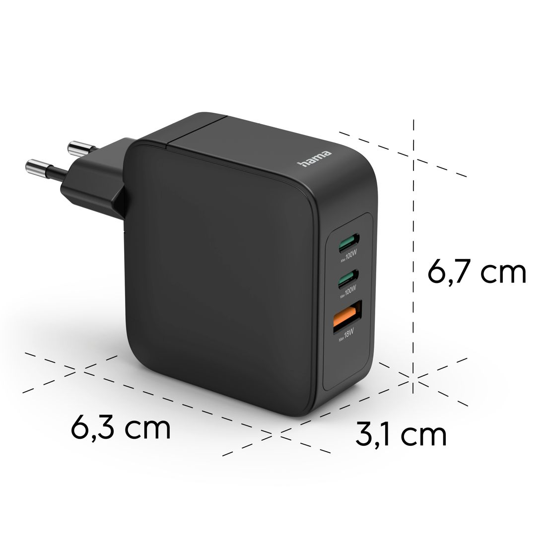 Schwarzer Hama Netzsteckeradapter mit drei USB-Anschlüssen und Maangaben.