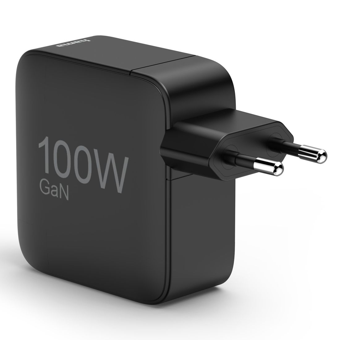 Schwarzes 100W GaN Ladegerät mit ausklappbaren EU-Steckern.