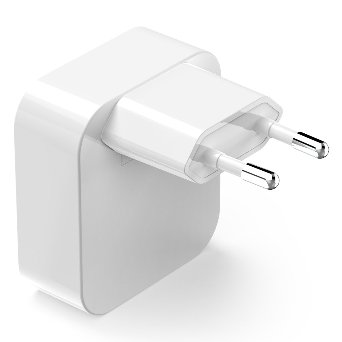 Un adattatore di corrente bianco con due pin rotondi.