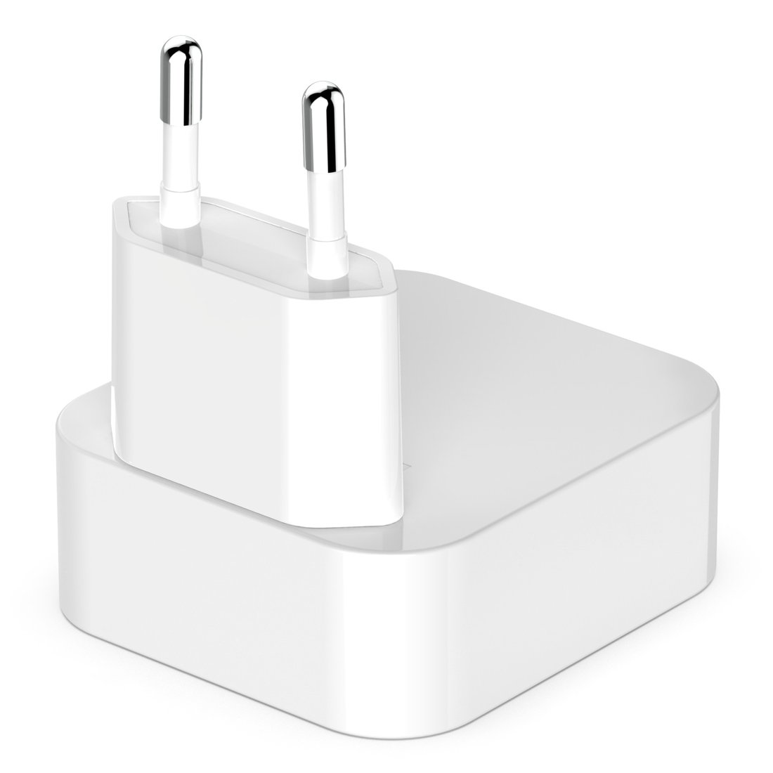 Un alimentatore bianco con due pin rotondi in metallo.