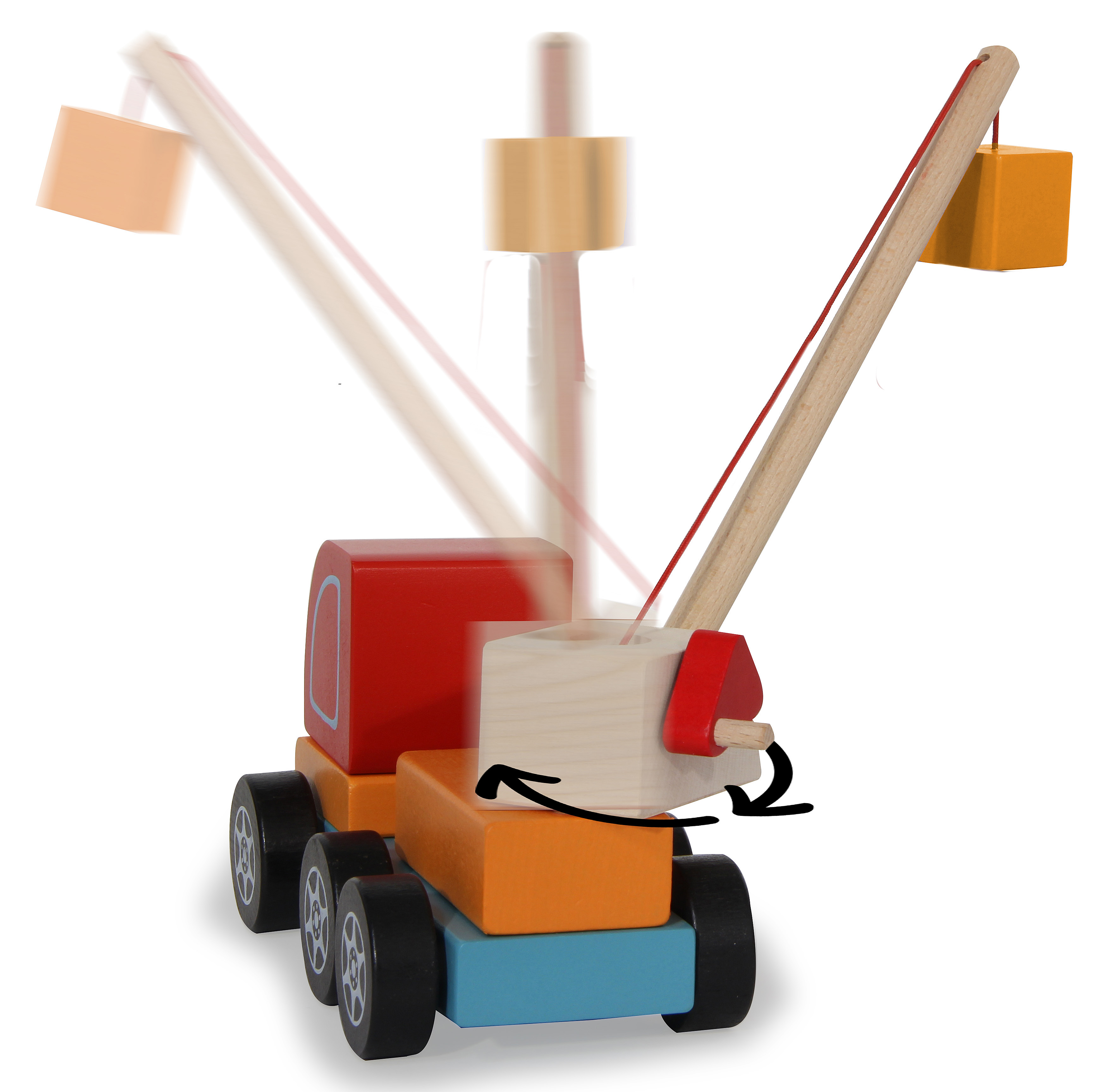 Ein hölzerner Spielzeugkran mit roter Kabine und orangefarbenem Ladekran.