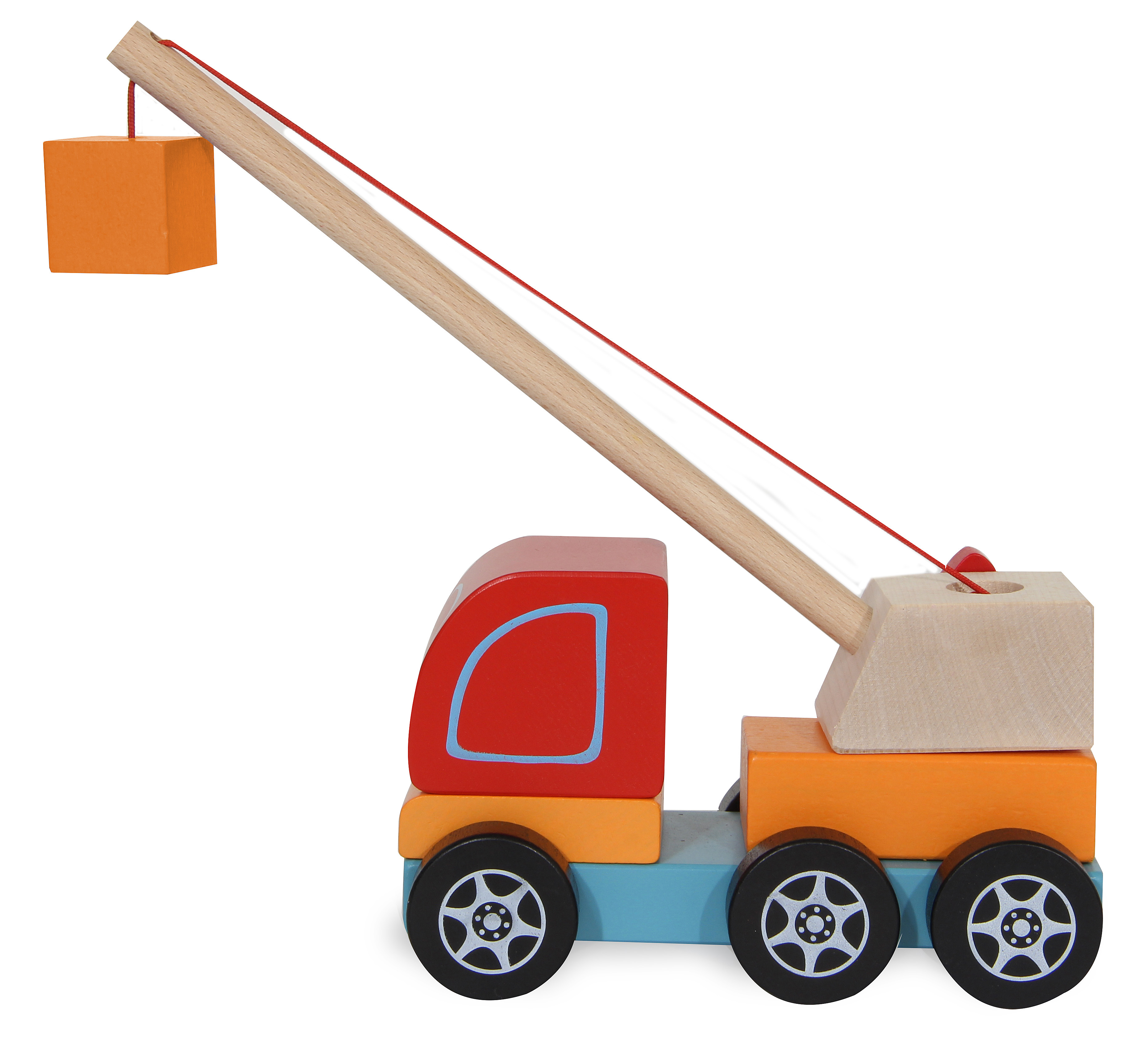 Ein hölzerner Spielzeugkranwagen mit rotem Führerhaus und orangenem Laderaum.