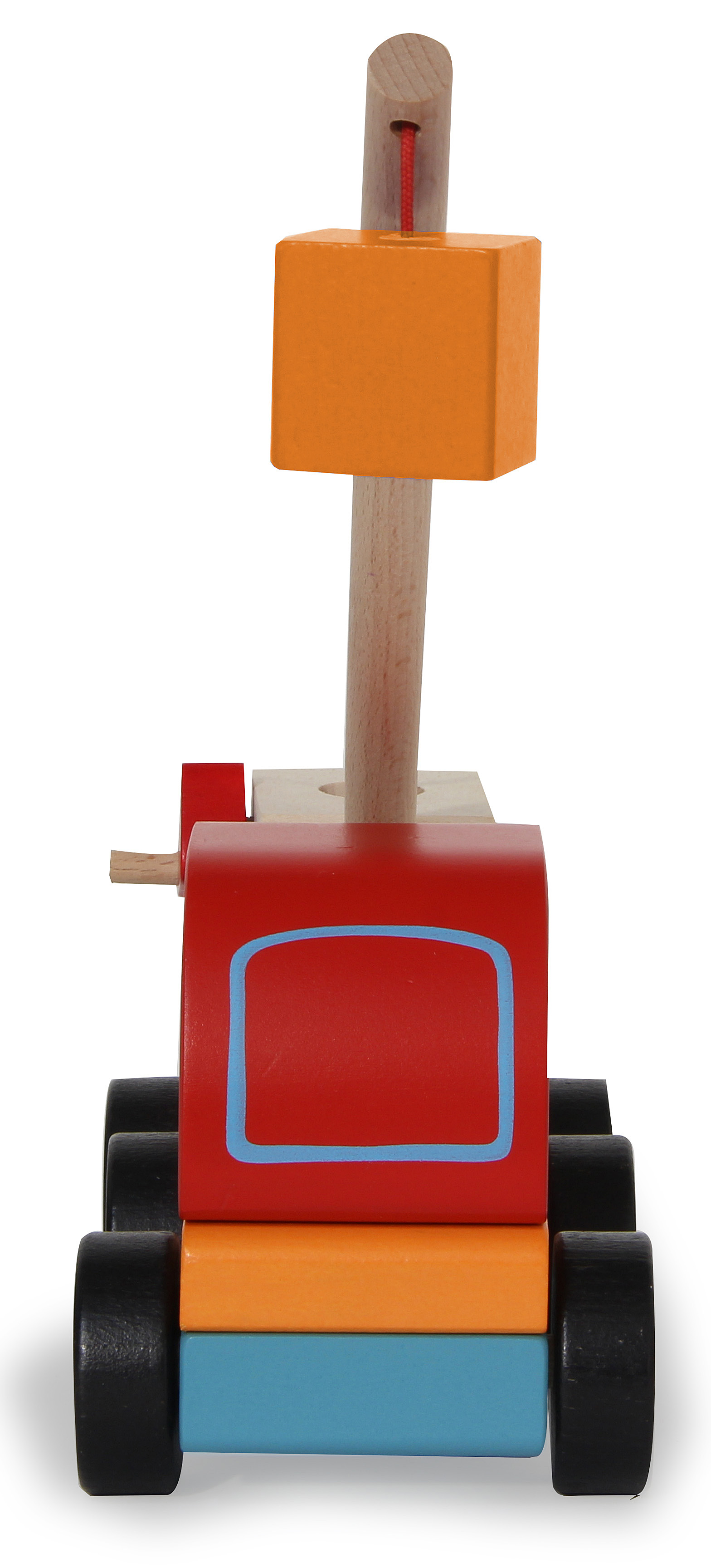 Ein hölzerner Spielzeugkranwagen mit roten, orangen und blauen Blöcken und schwarzen Rädern.