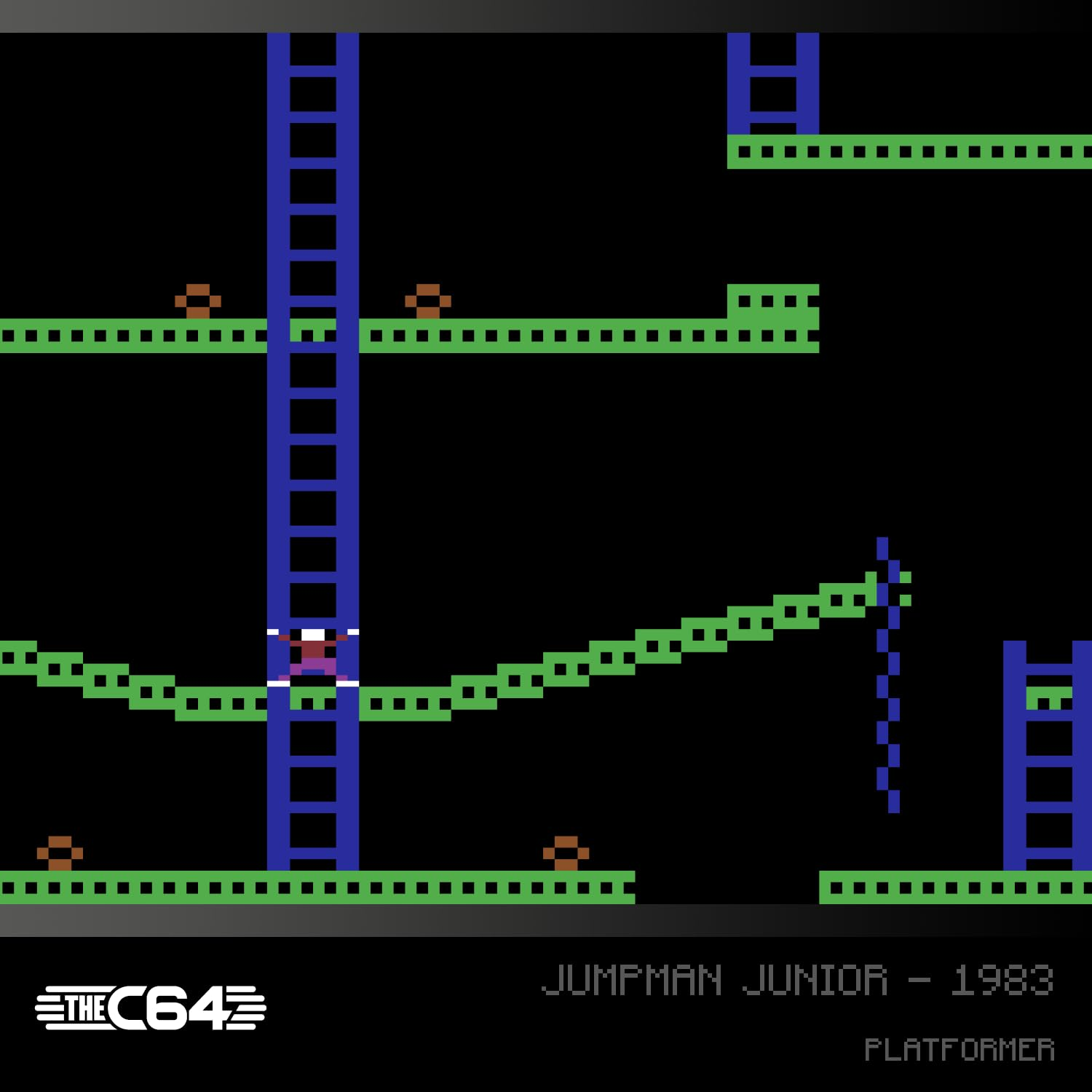 Jumpman Junior 1983: Figura morada sube escalera azul, plataformas verdes.