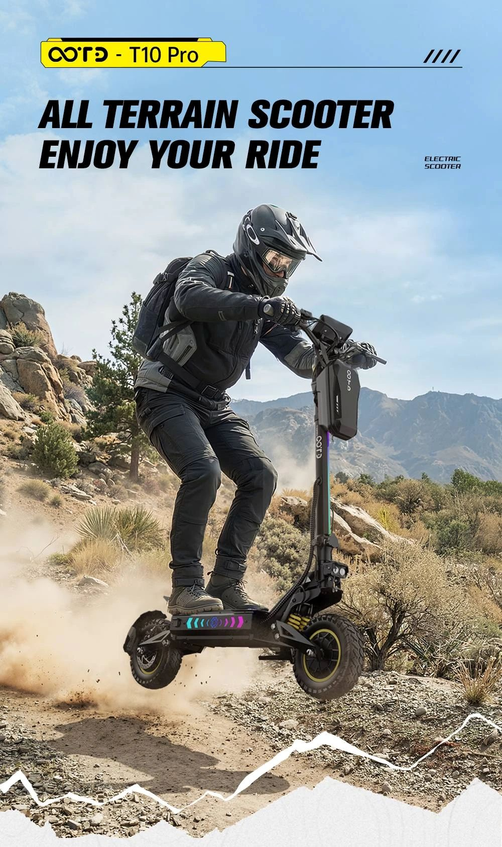 Un uomo guida un monopattino elettrico fuoristrada, sollevando polvere.