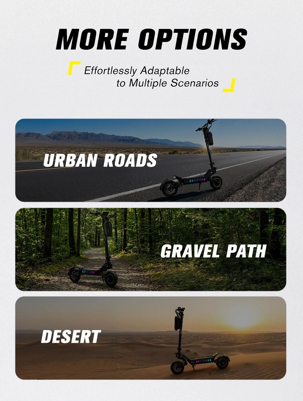 Monopattino elettrico su strada urbana, sentiero ghiaioso e deserto.