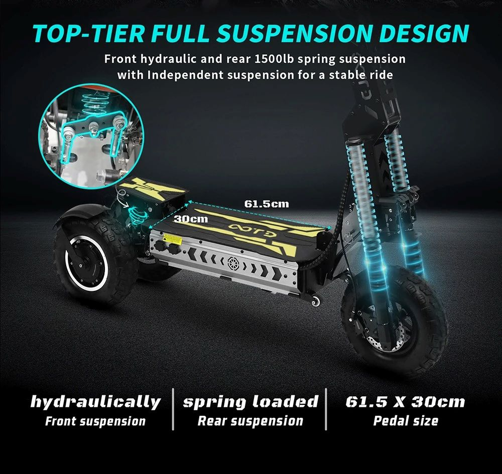 Uno scooter elettrico nero con accenti gialli e sospensioni. Vista ravvicinata delle sospensioni.