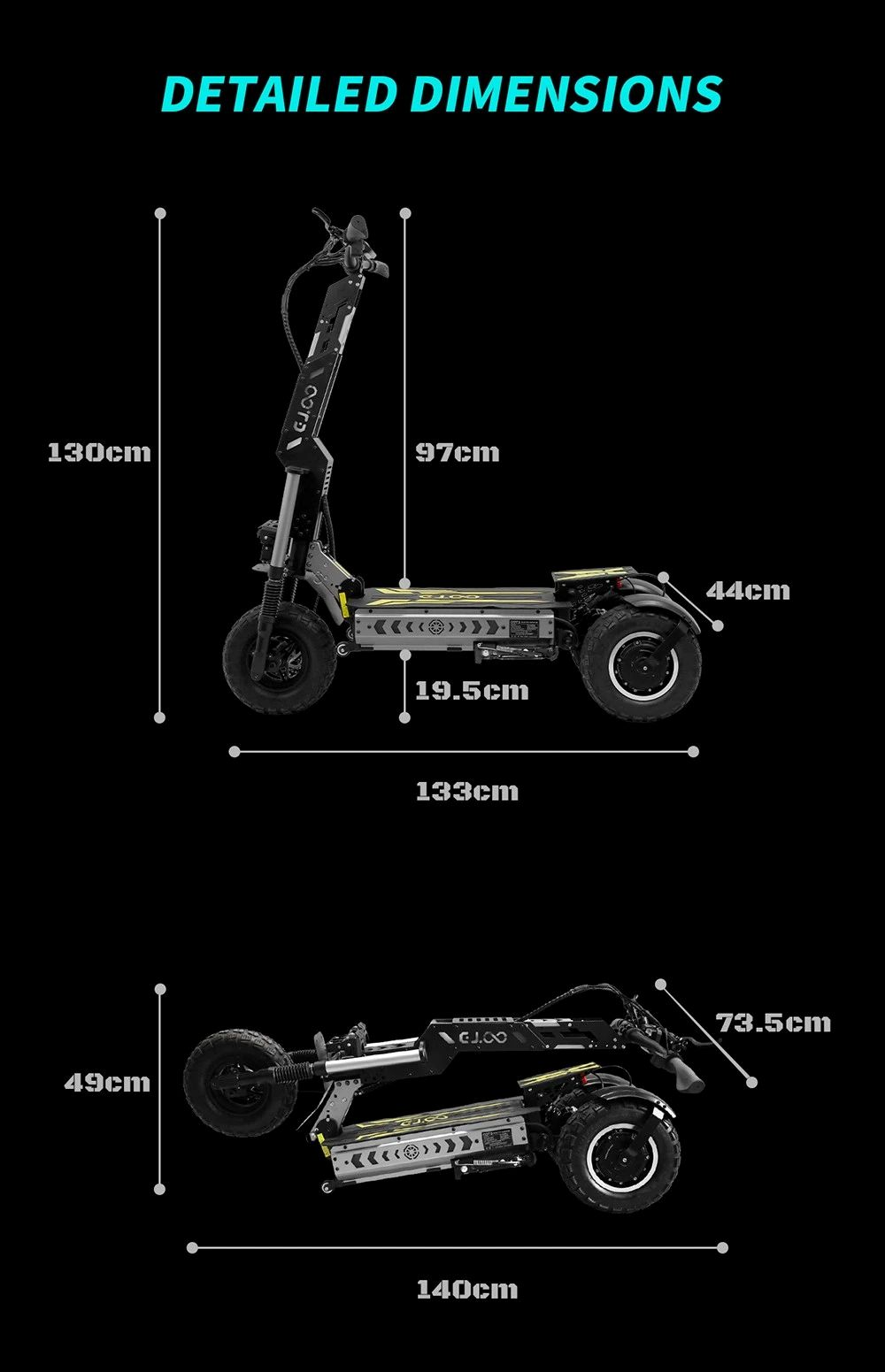 Due viste di un monopattino elettrico nero con dimensioni: 130cm, 97cm, 44cm.
