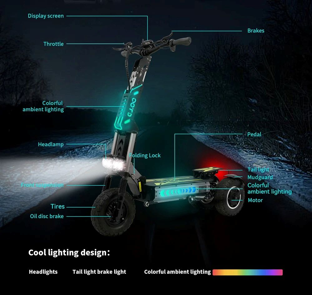 Monopattino elettrico con luci, freni, pneumatici e display. Scena notturna.
