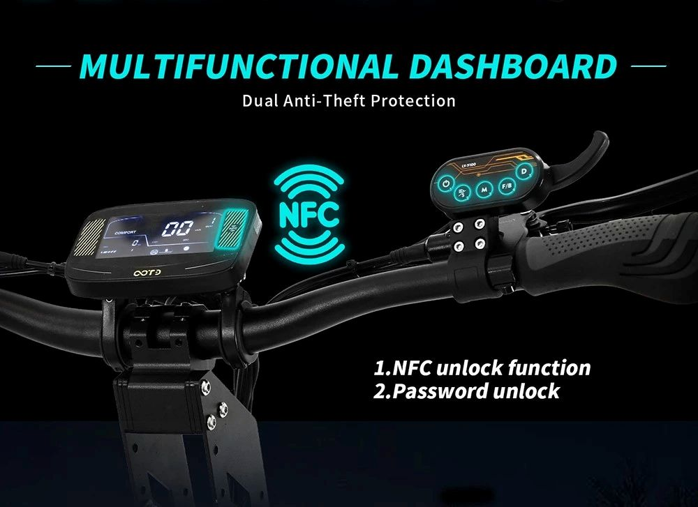 Manubrio monopattino elettrico con due display, simbolo NFC e controlli.
