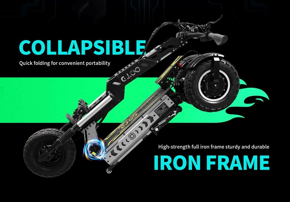 Uno scooter elettrico pieghevole con telaio nero e ruote grandi.