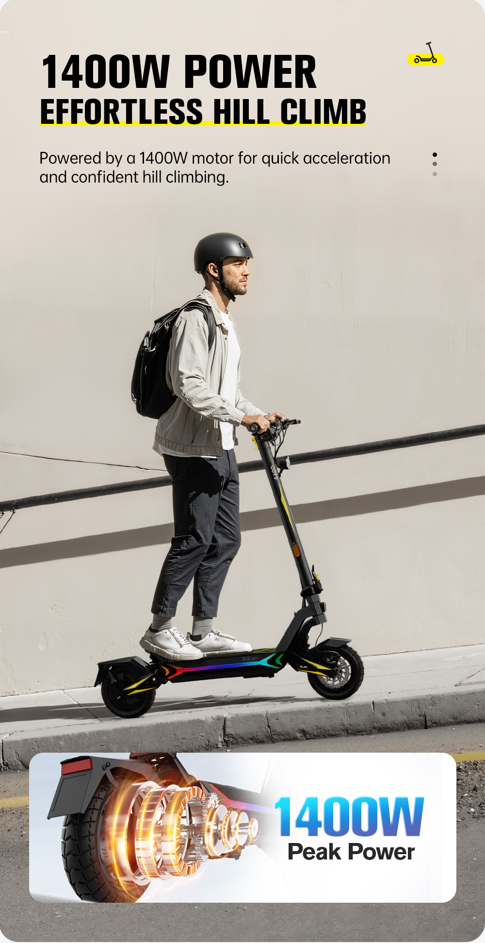 Uomo guida e-scooter con motore 1400W e luci arcobaleno. Primo piano del motore.