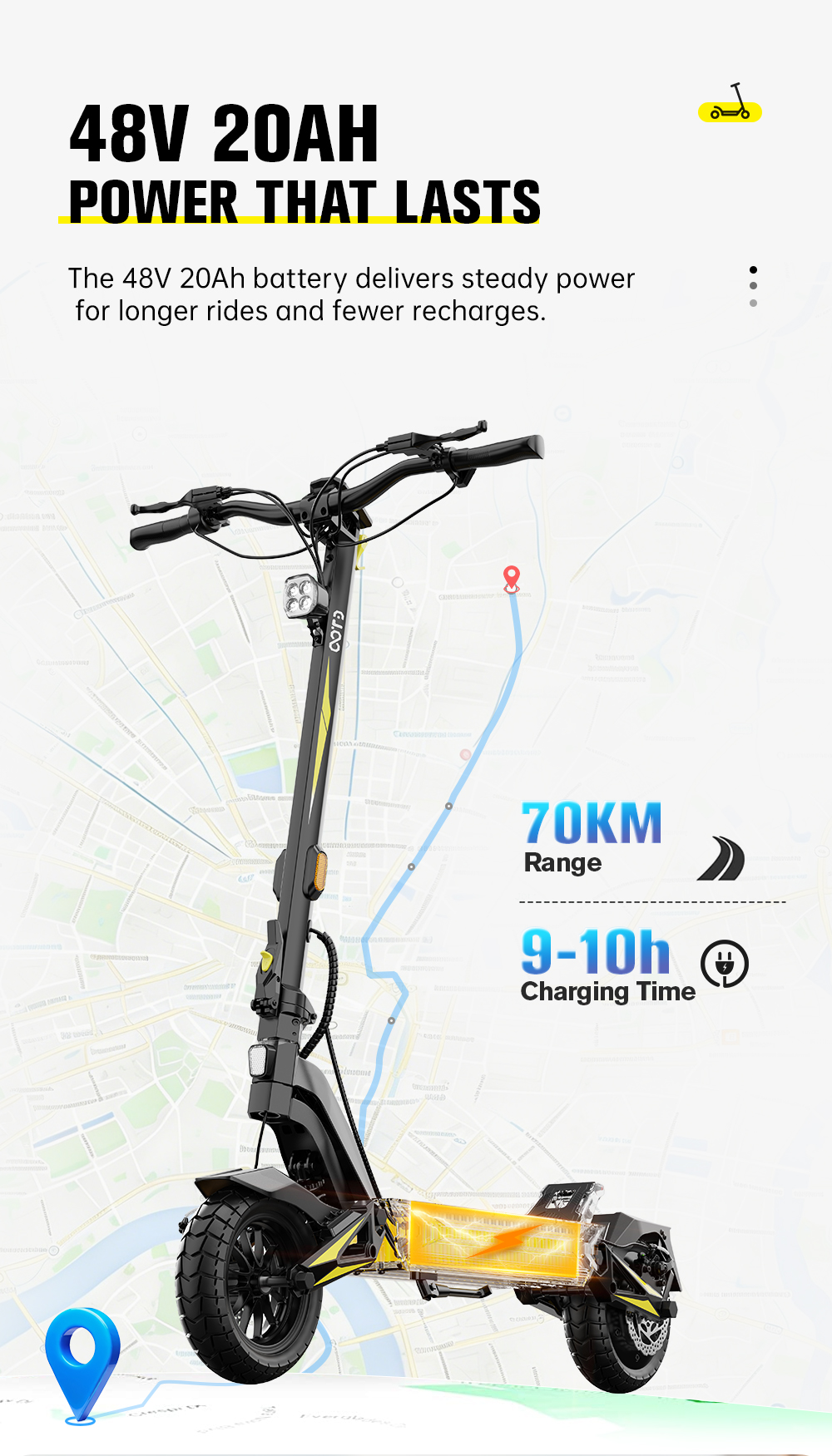 Monopattino elettrico nero con batteria 48V 20AH, autonomia 70 km, carica 9-10h.