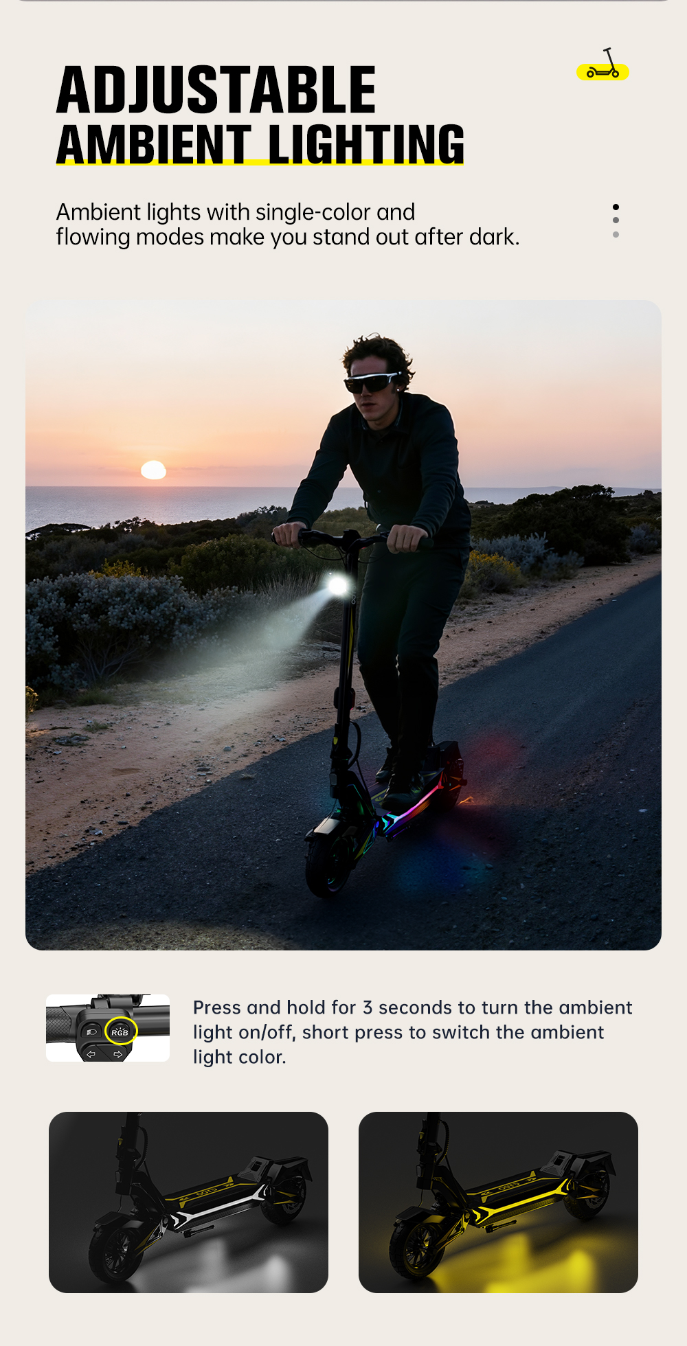 Uomo in sella a uno scooter elettrico con luci ambientali colorate al tramonto.