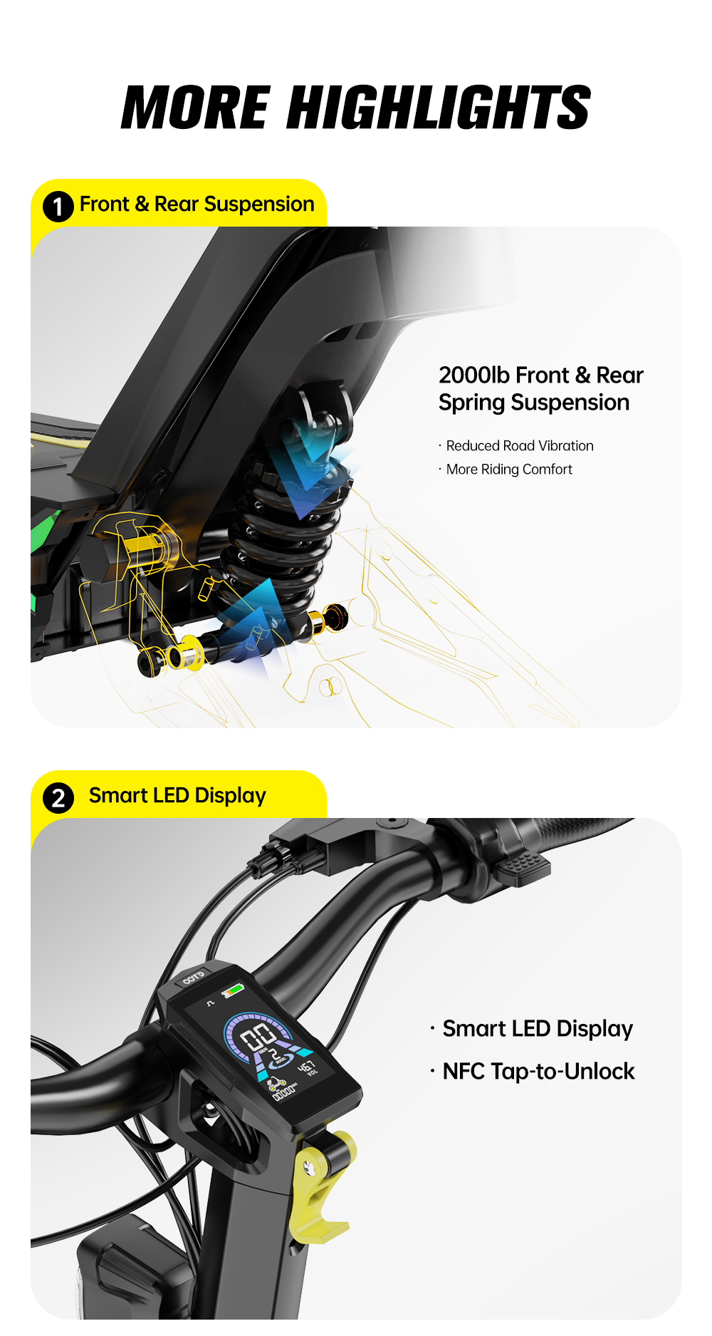 Primo piano della sospensione e del display di uno scooter elettrico.