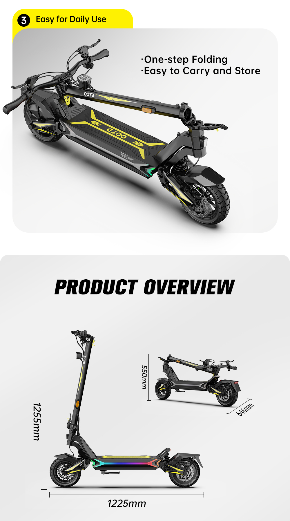 Uno scooter elettrico nero con accenti gialli, piegato e spiegato.