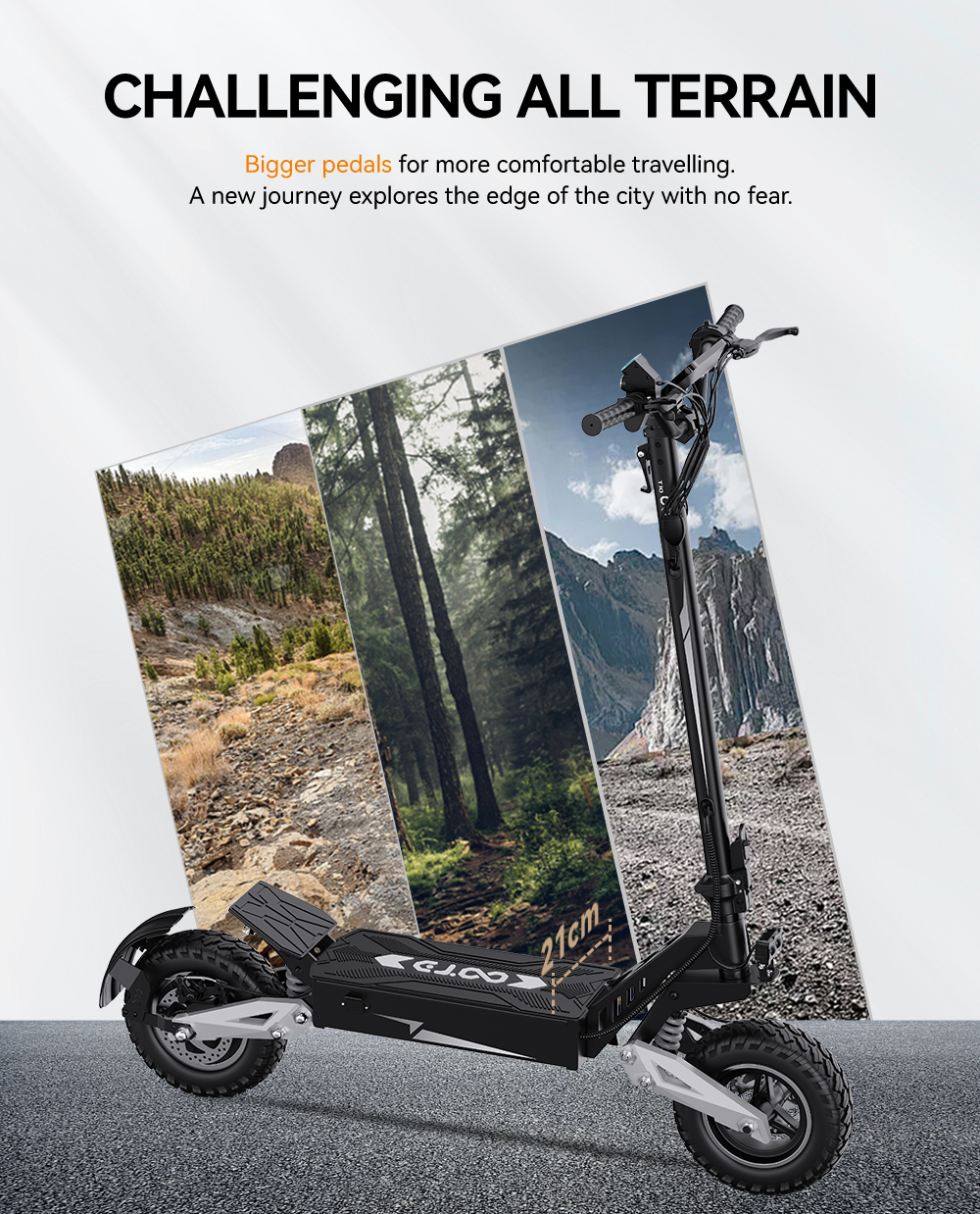 Uno scooter elettrico nero con ruote grandi si erge davanti a un collage di paesaggi.