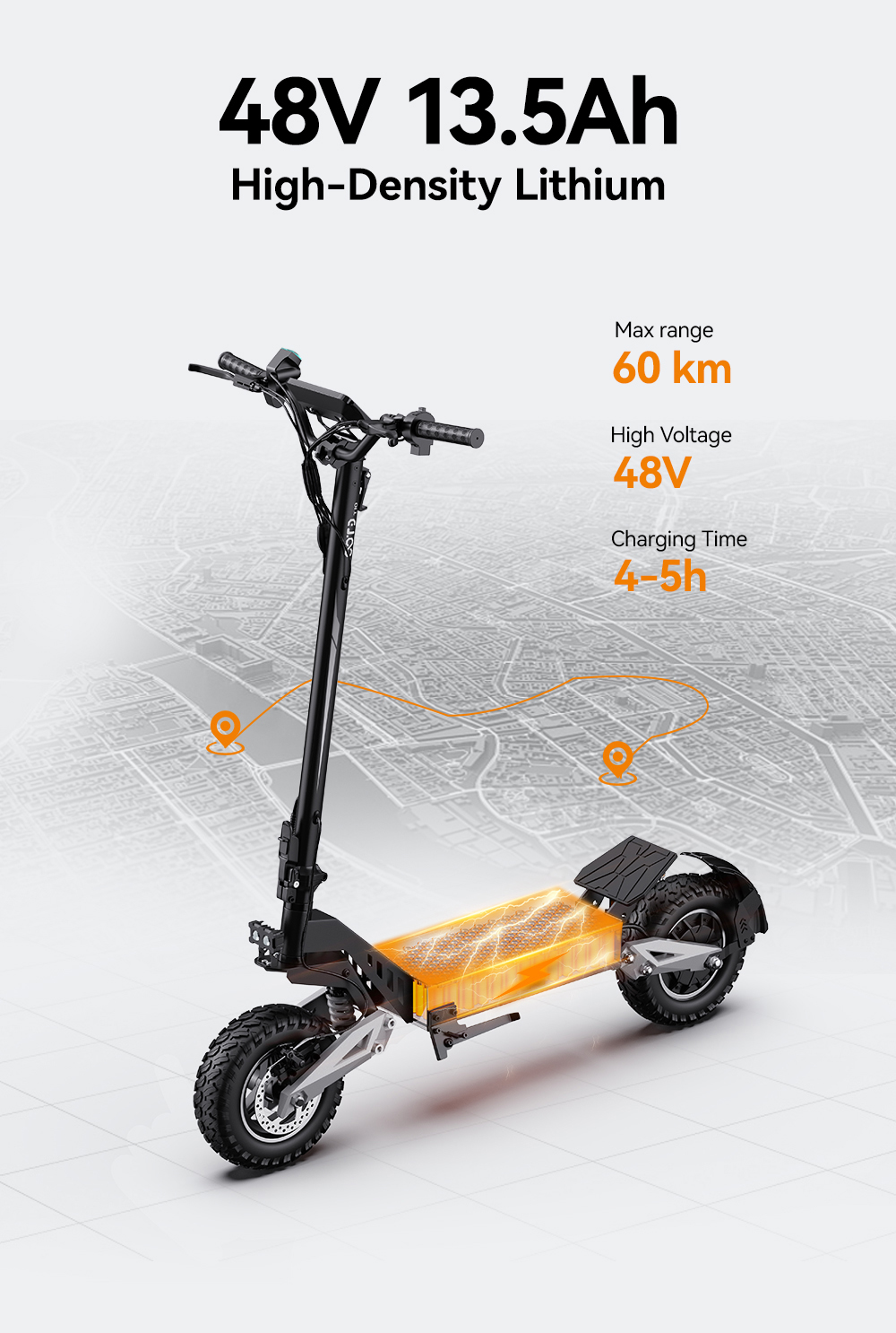 Monopattino elettrico nero con batteria illuminata, autonomia 60 km, 48V, carica 4-5h.