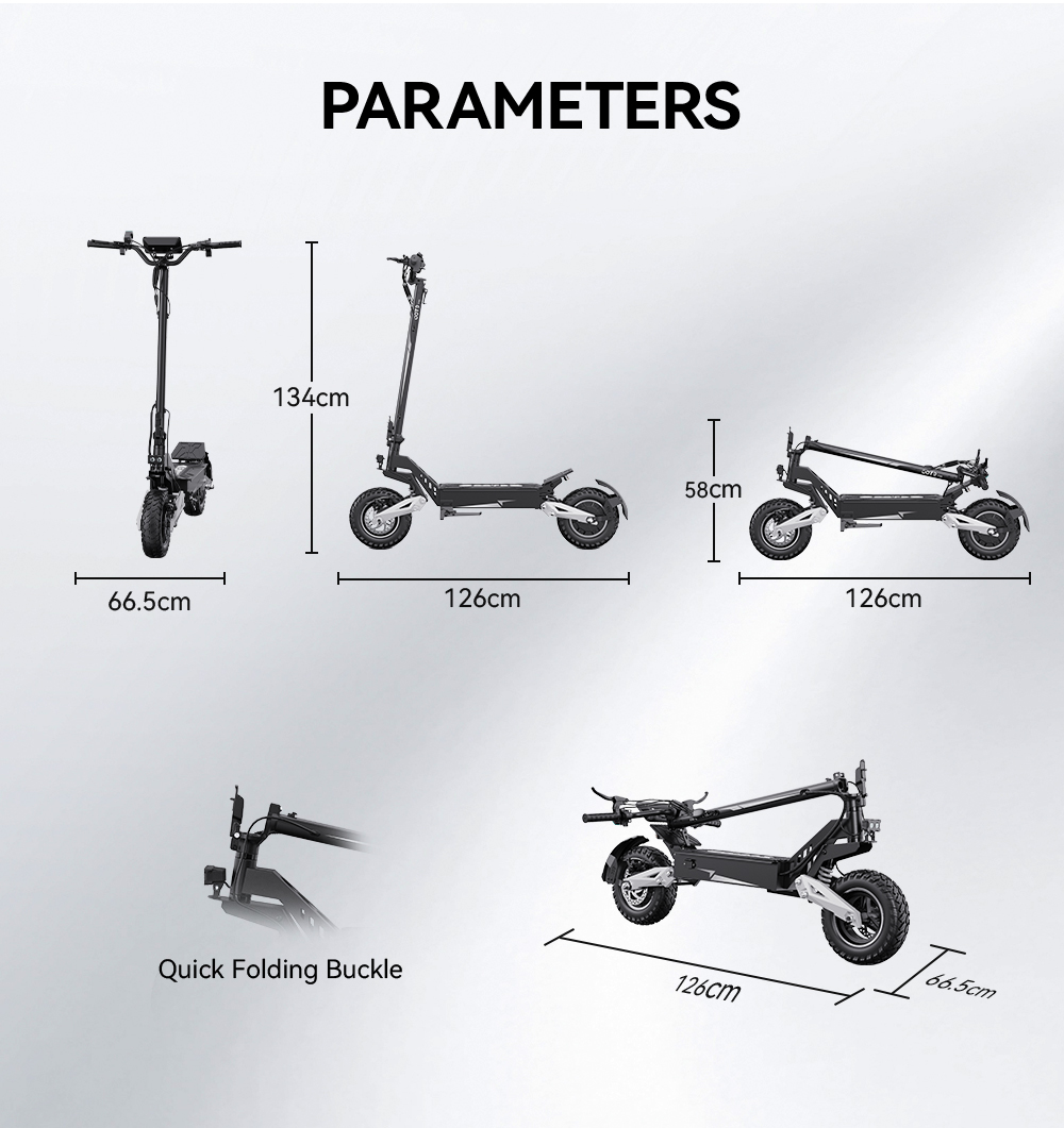 Diagramma che mostra le dimensioni dello scooter elettrico: aperto, piegato e in dettaglio.