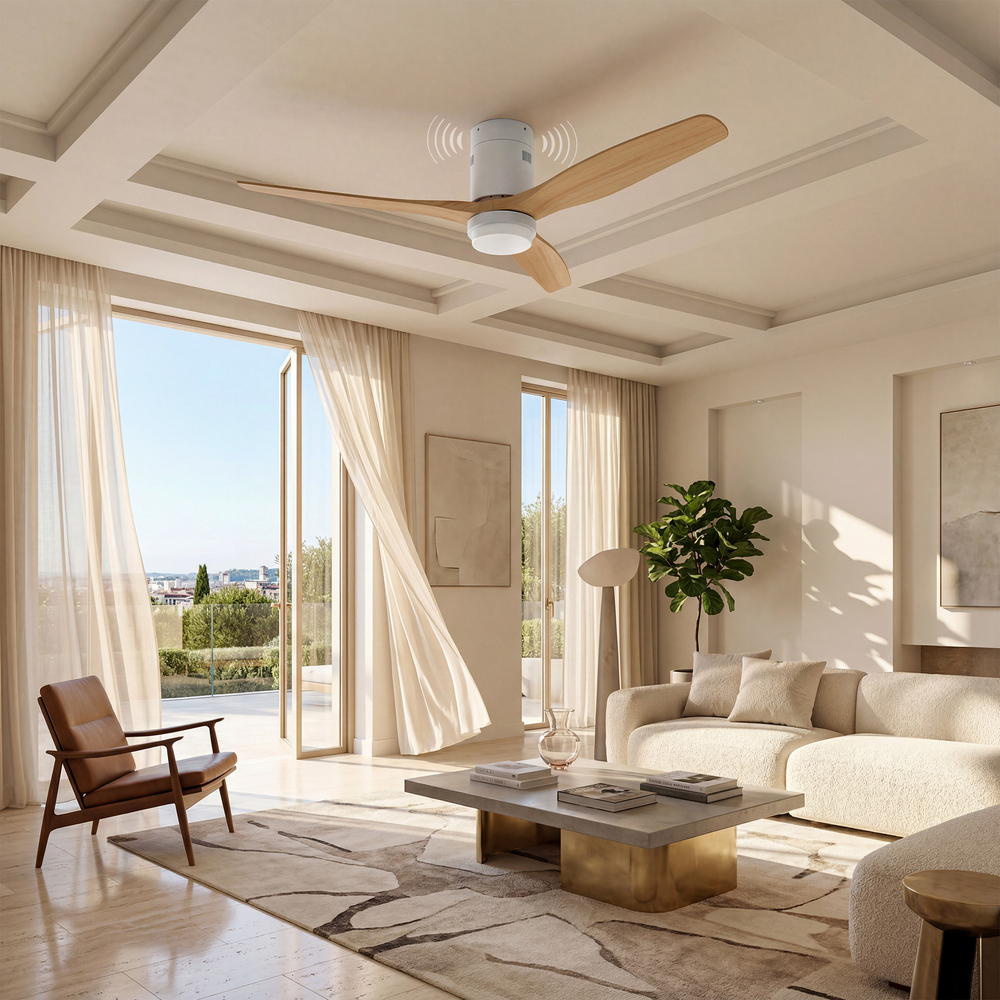 Un soggiorno moderno con ventilatore a soffitto, divano, tavolo e vista esterna.
