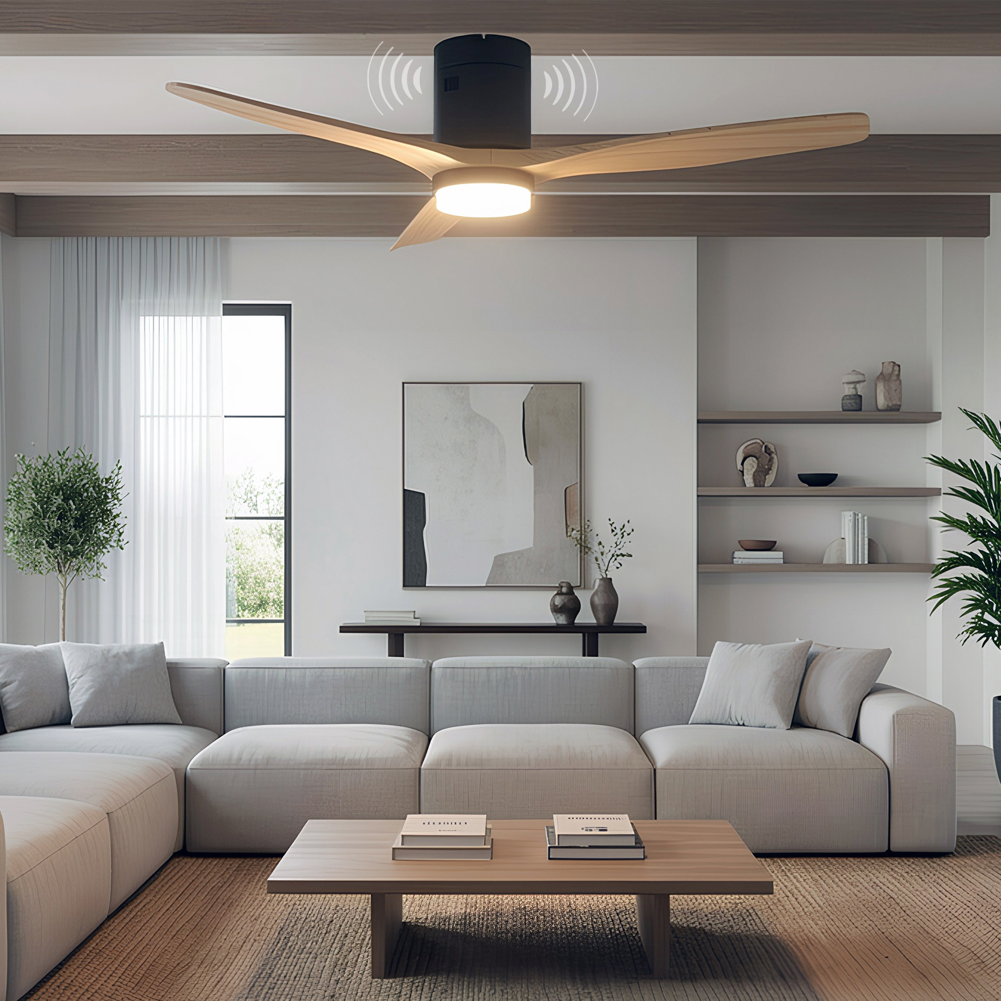 Una sala de estar moderna con un sofá seccional, mesa de centro y ventilador de techo.