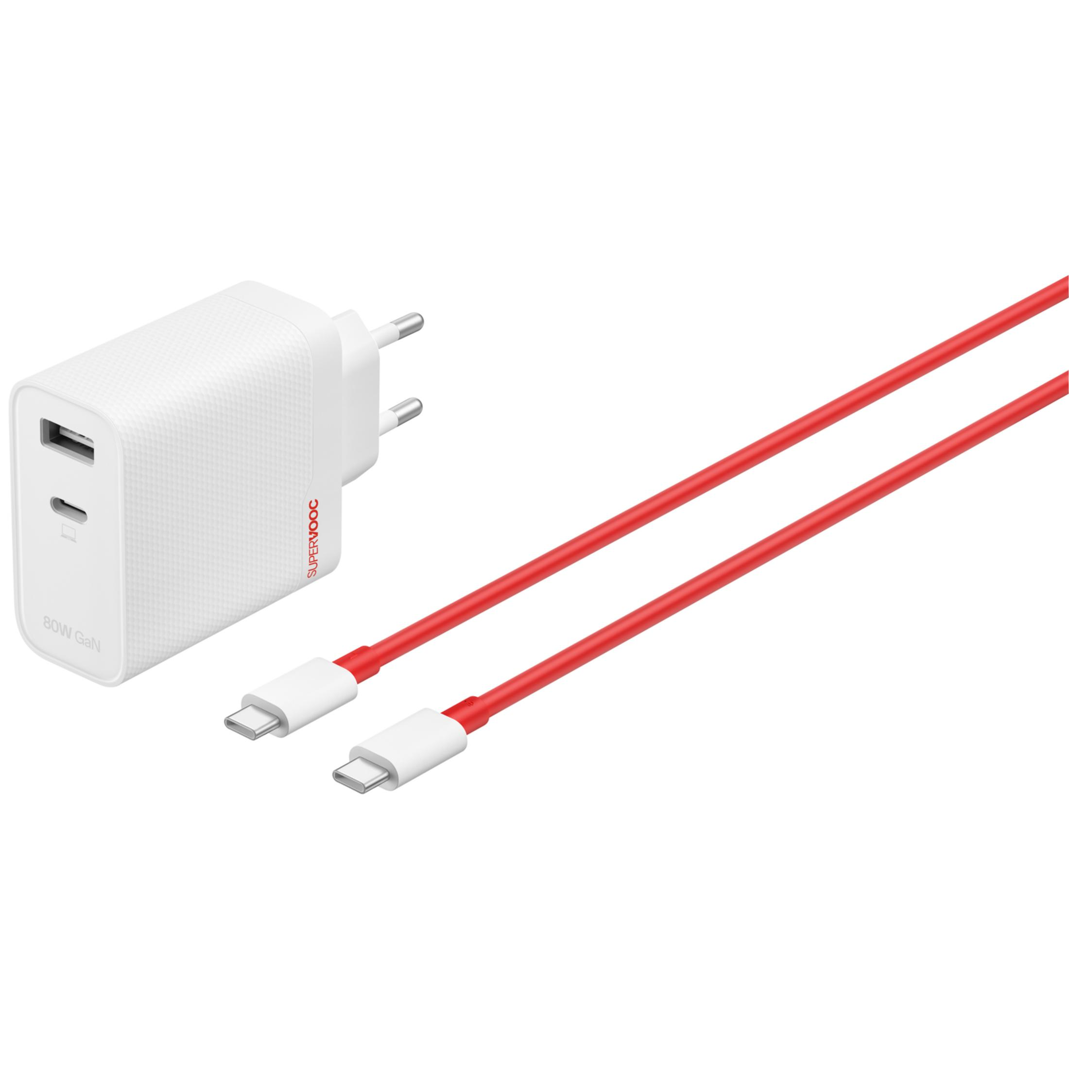 Un cargador rápido blanco 80W GaN con dos puertos USB-C y dos cables USB-C rojos.