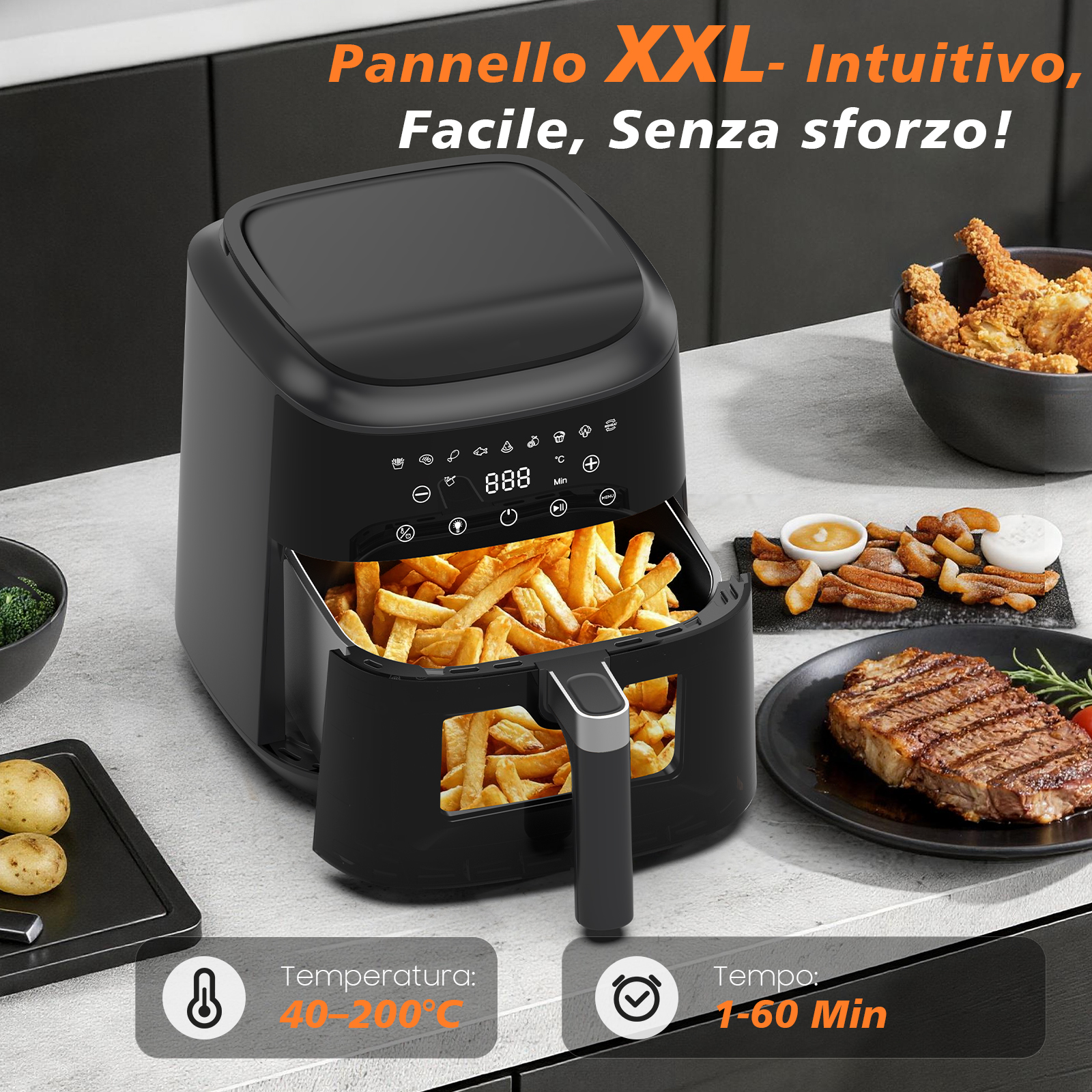 Friggitrice ad aria nera con patatine, bistecca, pollo e broccoli.