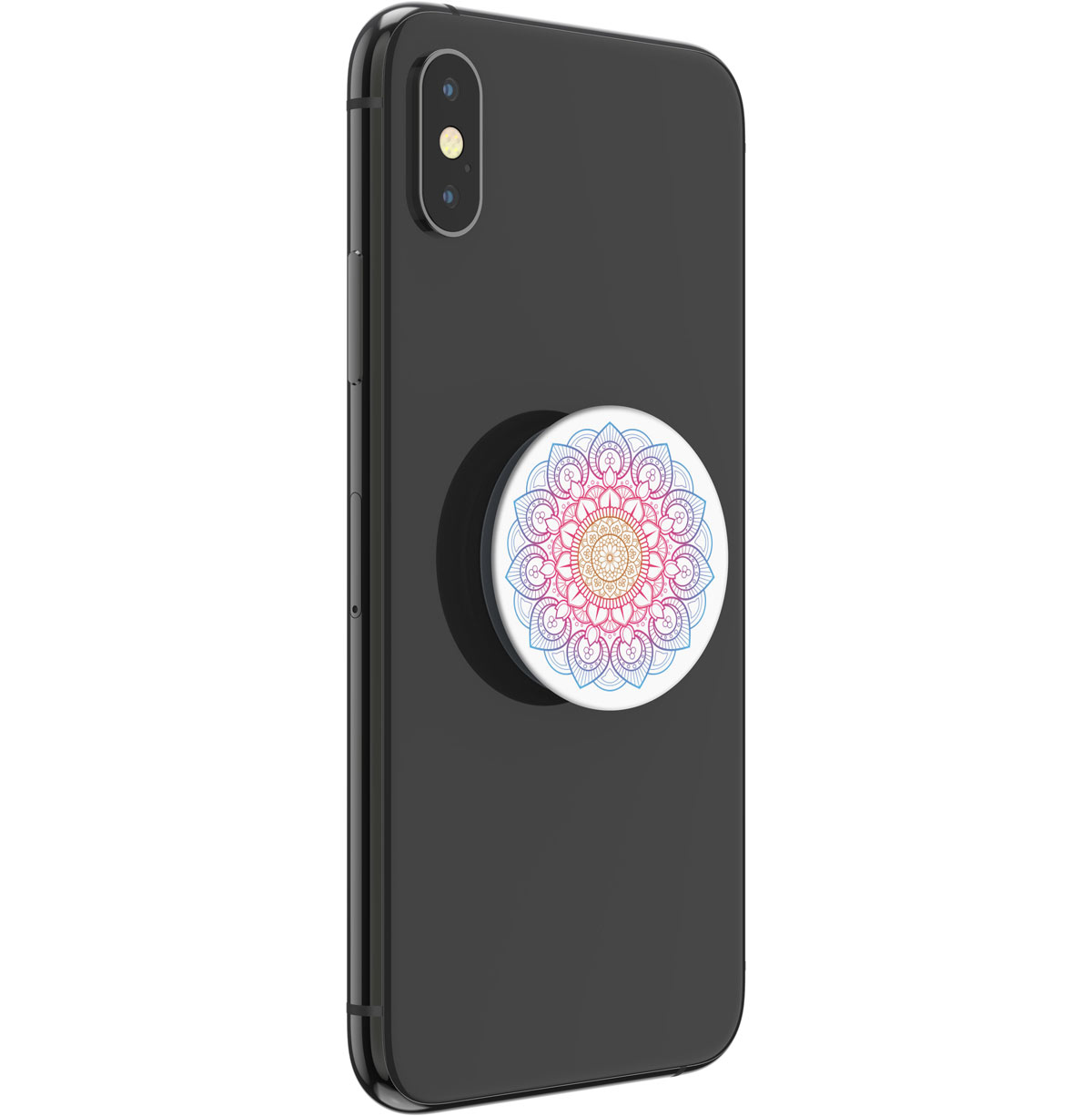 Ein schwarzes Smartphone mit einem PopSocket mit Mandalamuster in Pink-, Orange- und Blautönen.