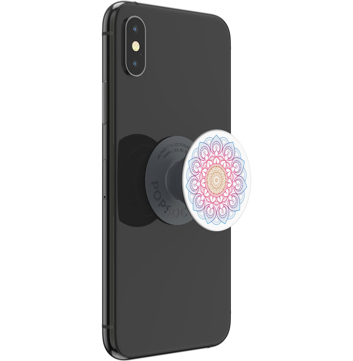 Ein schwarzes Smartphone mit einem PopSocket mit buntem Mandala-Design auf der Rückseite.