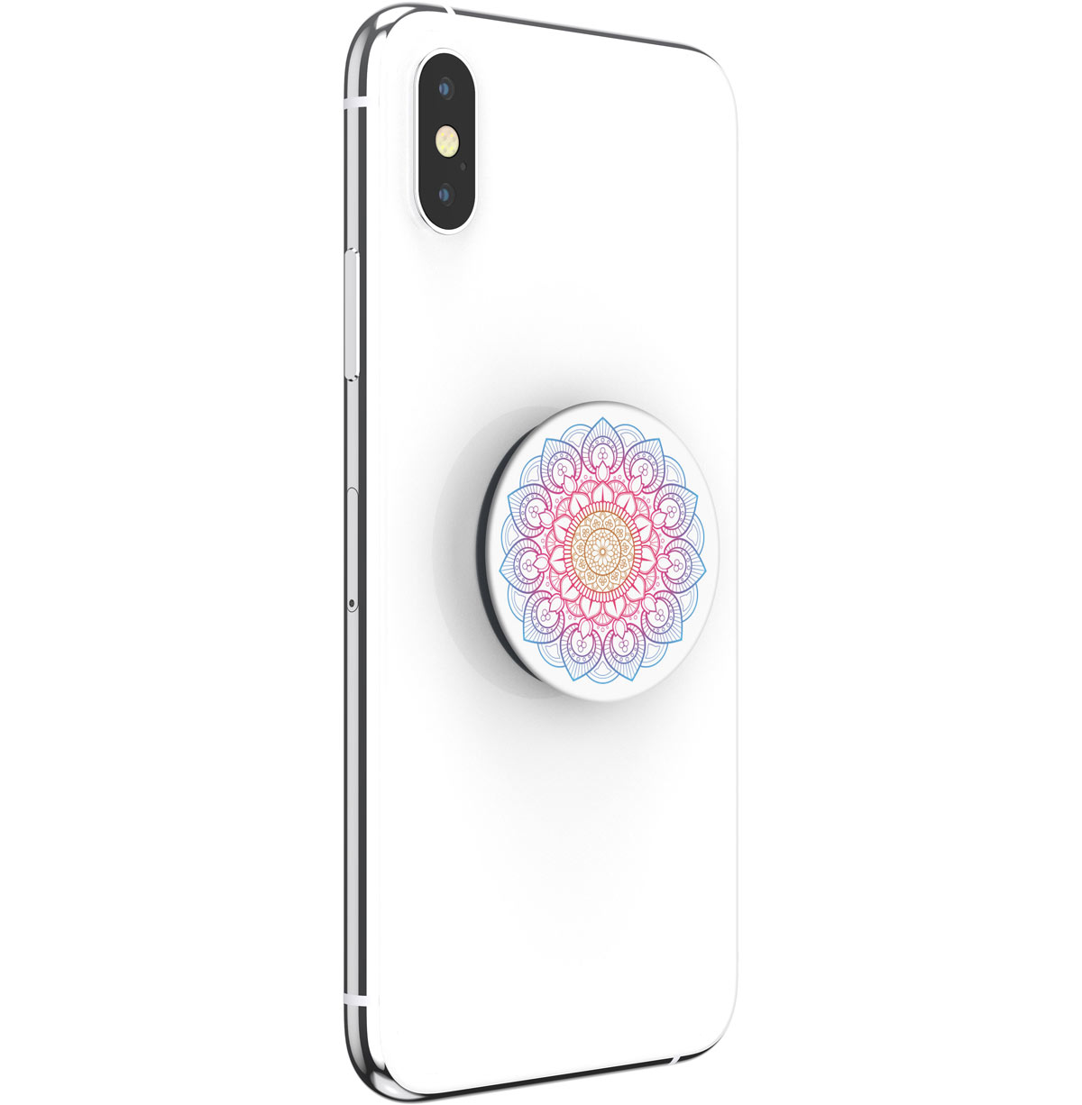 Ein weißes Smartphone mit einem runden Pop-Socket mit buntem Mandala-Design.