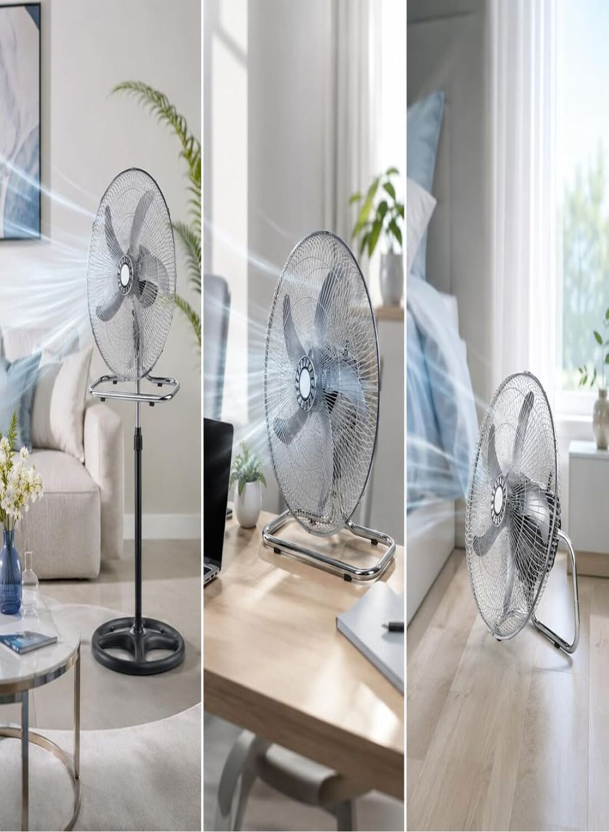 Drei Ventilatoren in verschiedenen Umgebungen: Wohnzimmer, Schreibtisch und Schlafzimmer.
