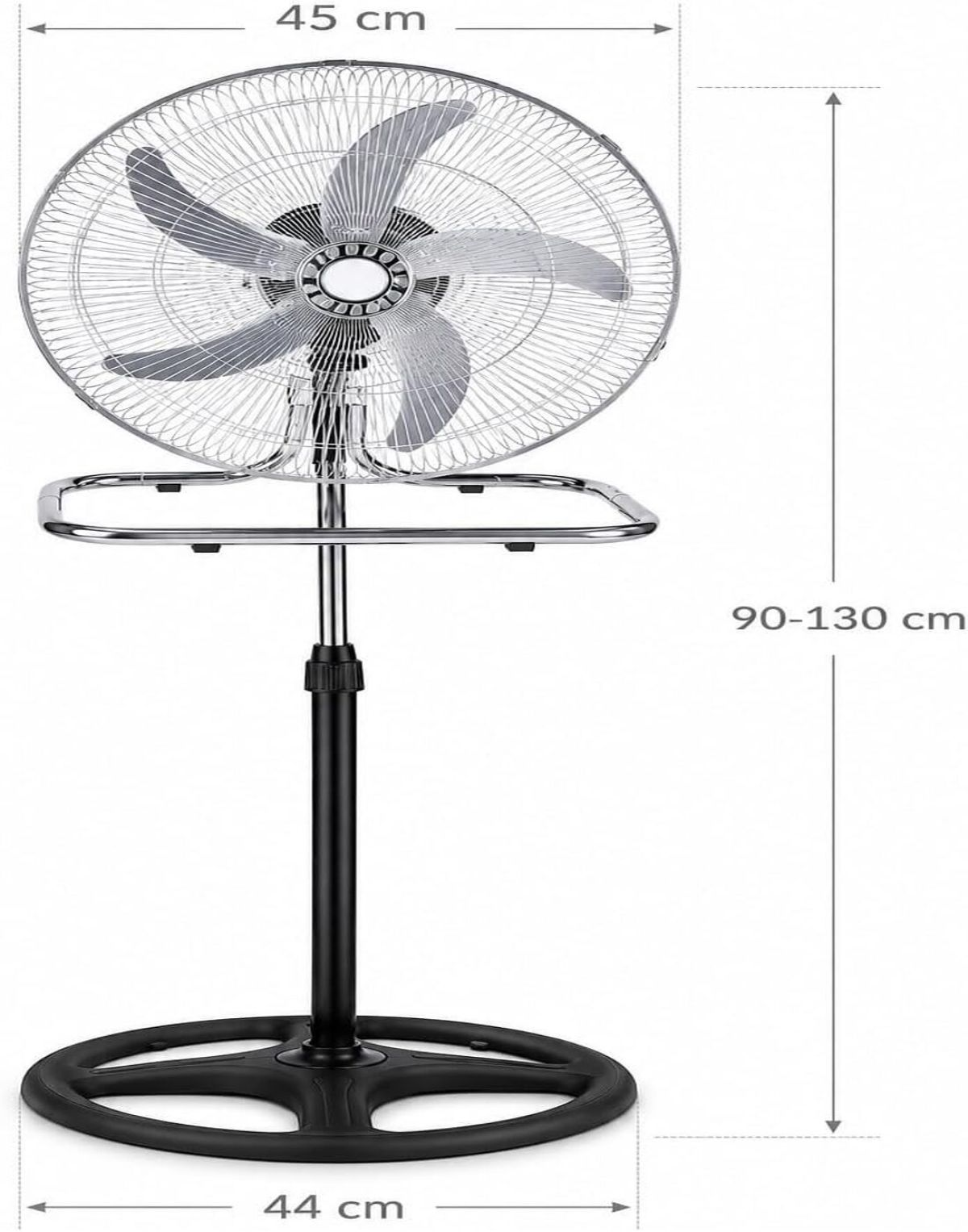 Ein silberner Standventilator mit schwarzem Sockel und verstellbarer Höhe.