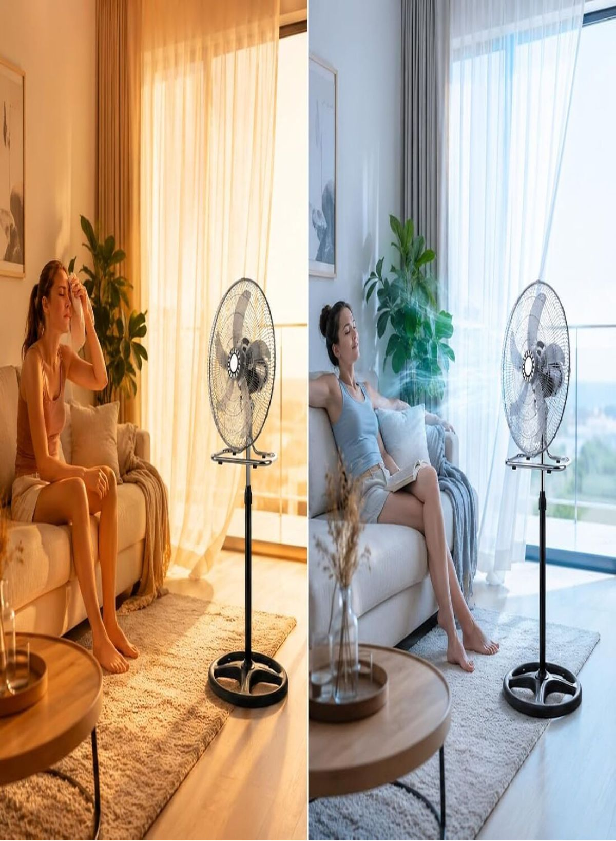 Frau schwitzt auf Sofa, Ventilator daneben. Frau sitzt entspannt bei Ventilator.