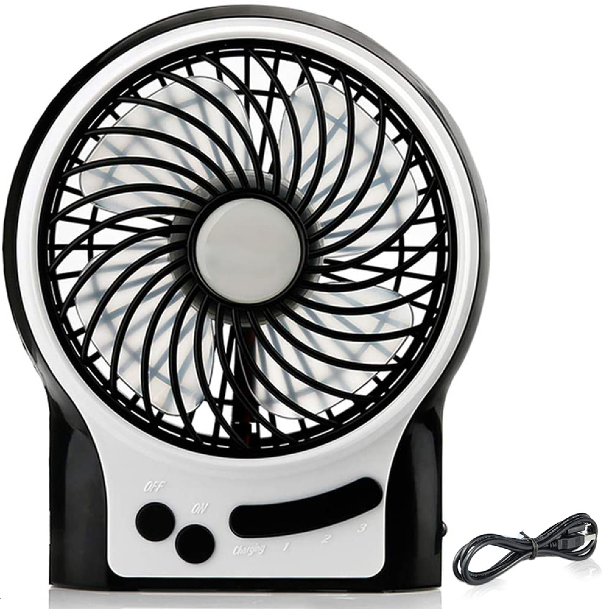 Ein tragbarer, schwarz-weißer Ventilator mit USB-Kabel.