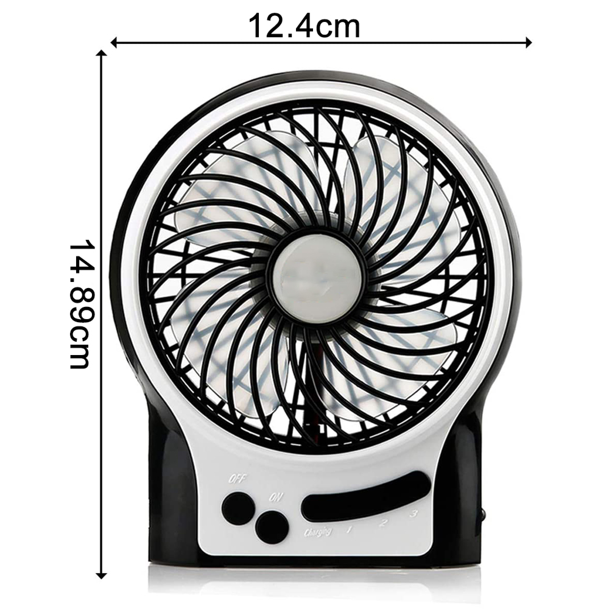Ein kleiner schwarzer und weißer Ventilator mit Bedienelementen und Geschwindigkeitsstufen.