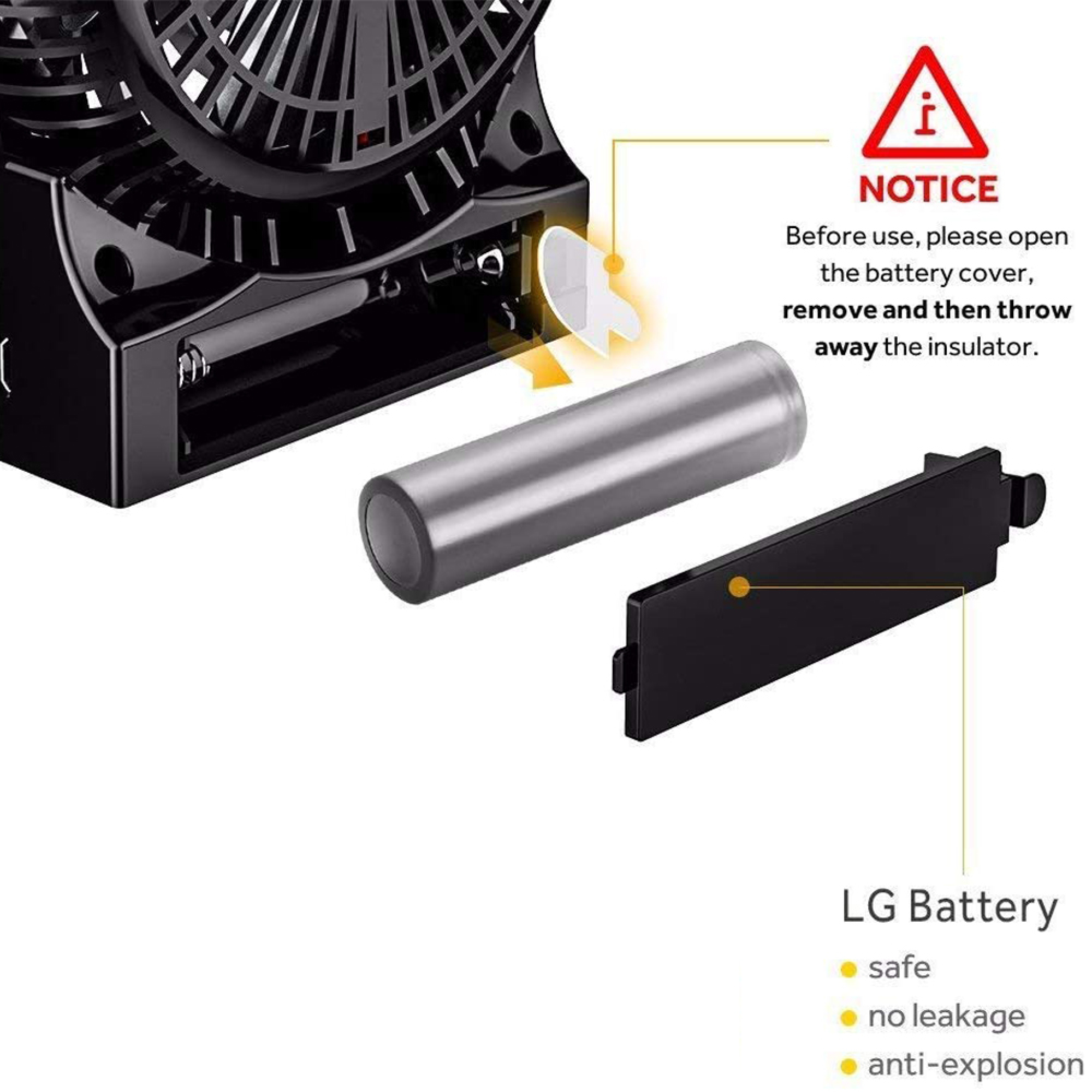Schwarzer Ventilator, LG-Akku, Batterieabdeckung und Isolator.