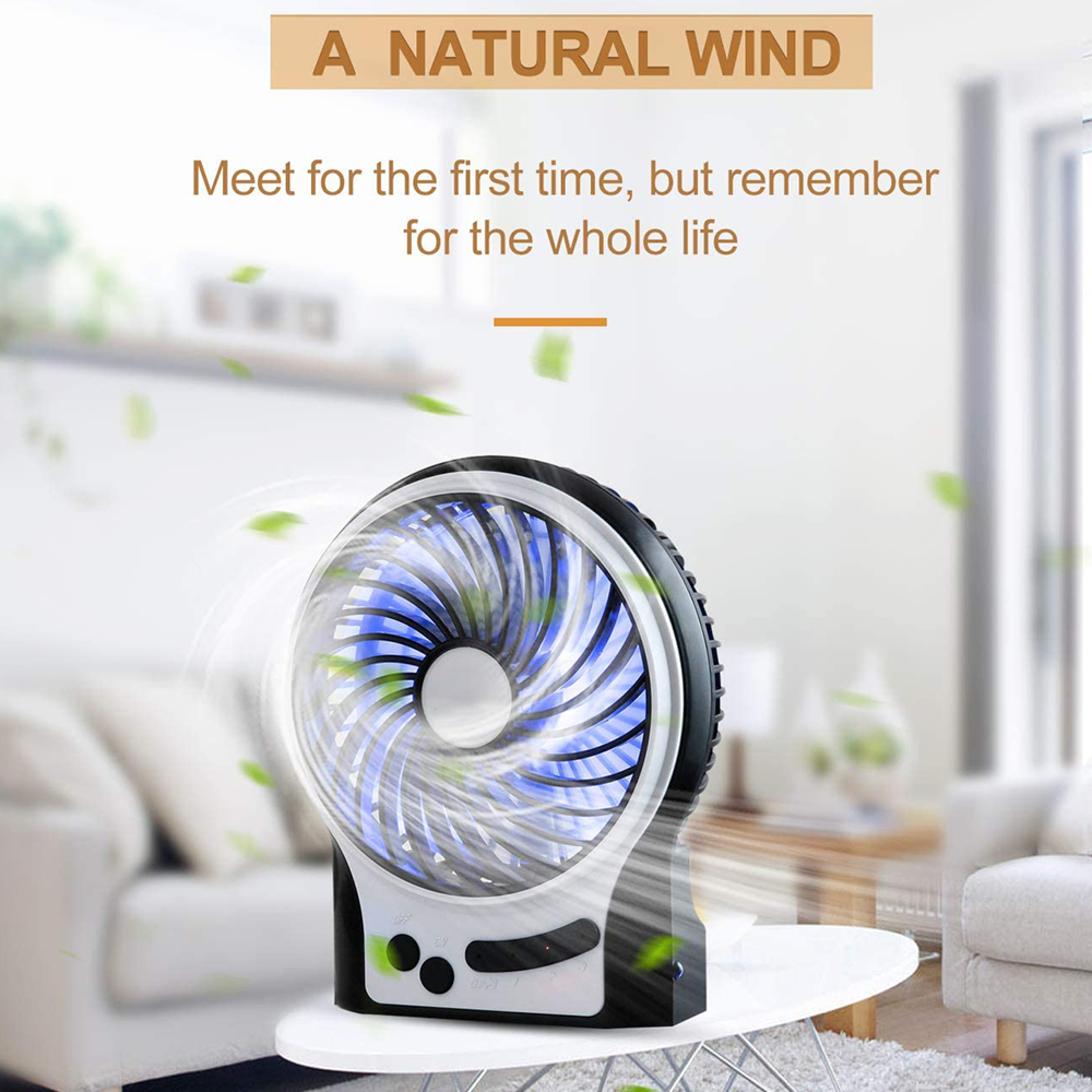 Ein tragbarer Ventilator mit blau beleuchteten Rotorblättern steht auf einem Tisch.