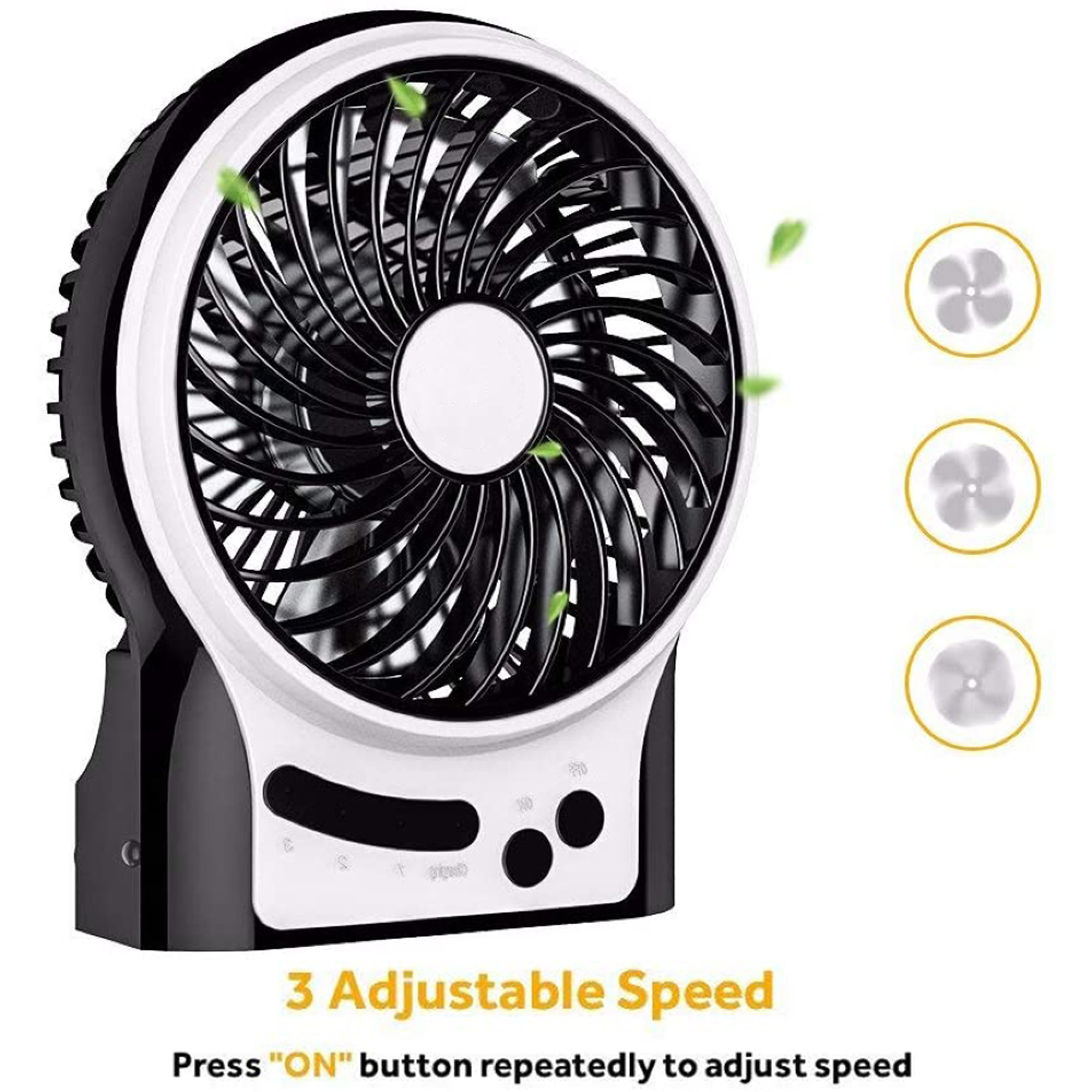 Ein tragbarer Ventilator mit drei Geschwindigkeitsstufen und grünem Laub.