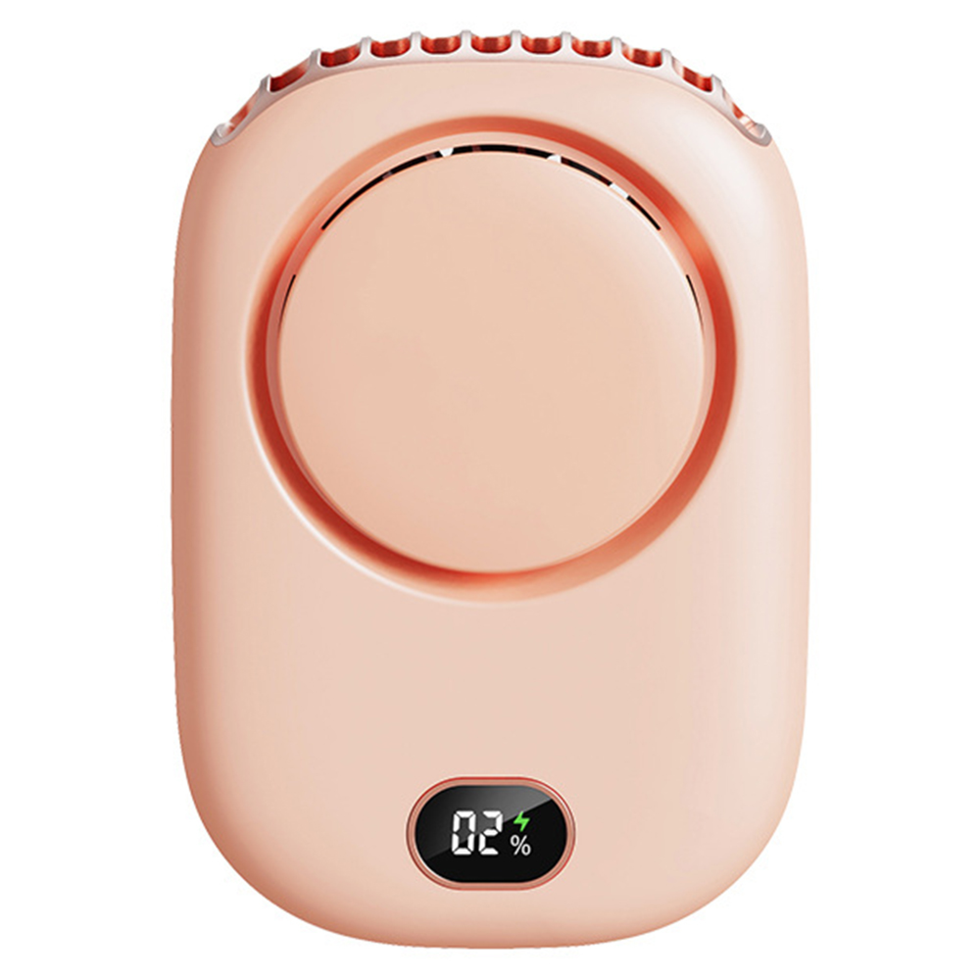 Ein rosafarbener Nackenventilator mit einem digitalen Display, das 2% anzeigt.