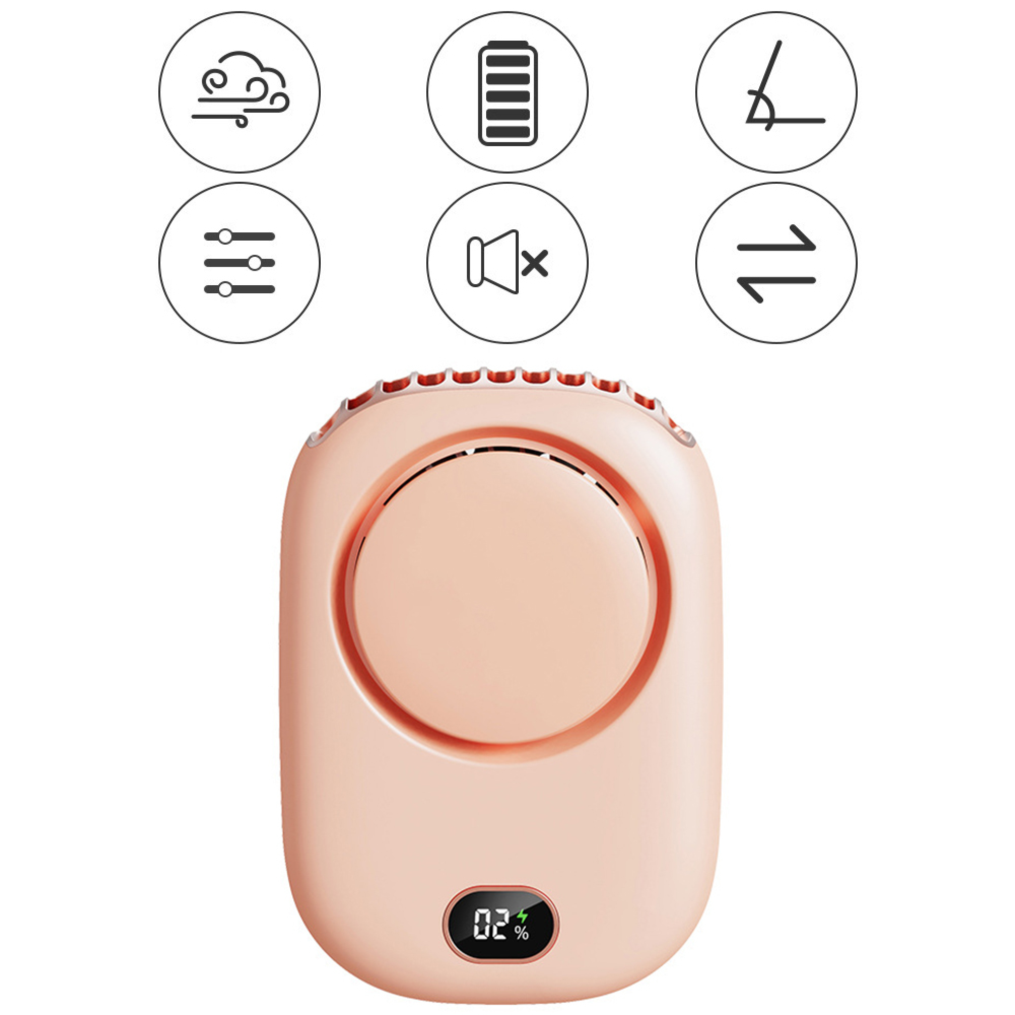 Ein rosafarbener Nackenventilator mit Icons für Wind, Akku, Winkel, Lautstärke und Einstellungen.