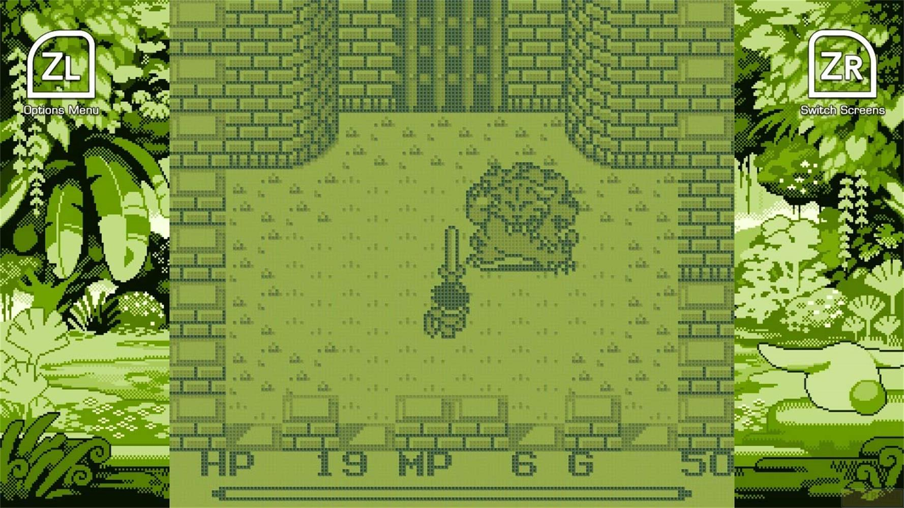 Pixeliger Spielbildschirm: Charakter steht einem Monster in einem Steinraum gegenüber, Dschungel draußen.