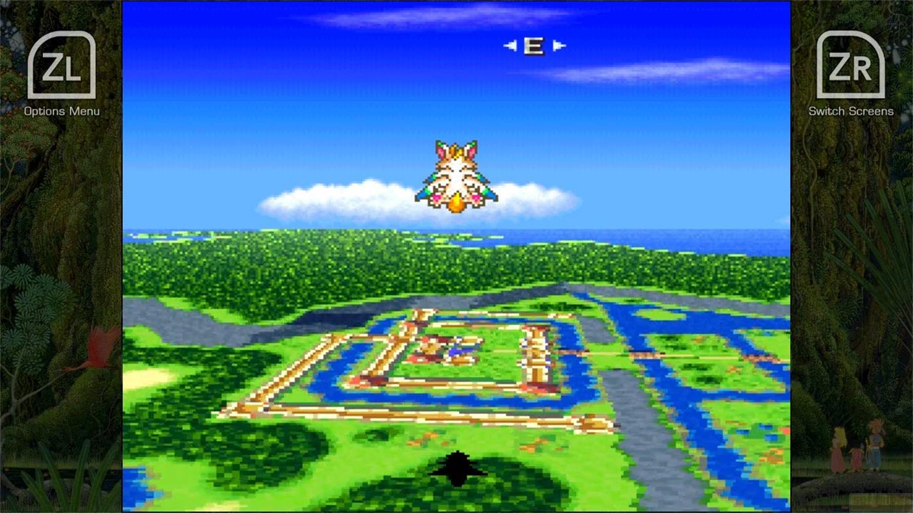 Pixelgrafik: Fliegendes Wesen über einer Landschaft mit Flüssen und Gebäuden.