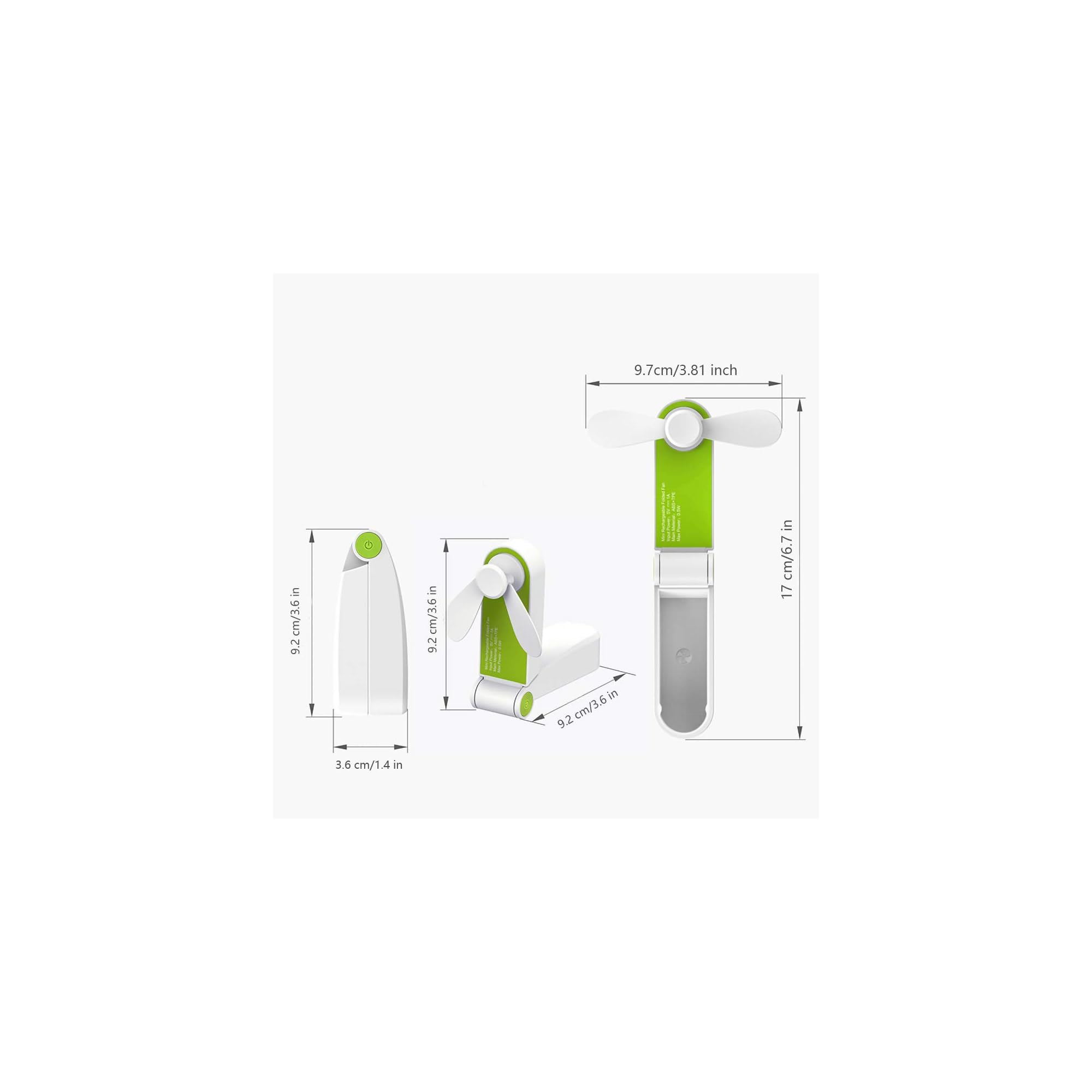 Ein faltbarer, wiederaufladbarer grüner und weißer Handventilator mit Abmessungen.