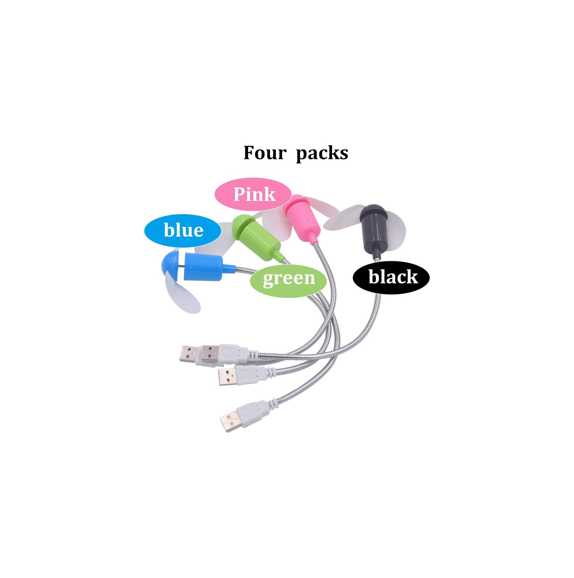 Vier USB-Mini-Ventilatoren in Blau, Grün, Pink und Schwarz mit flexiblen Schwanenhalskabeln.